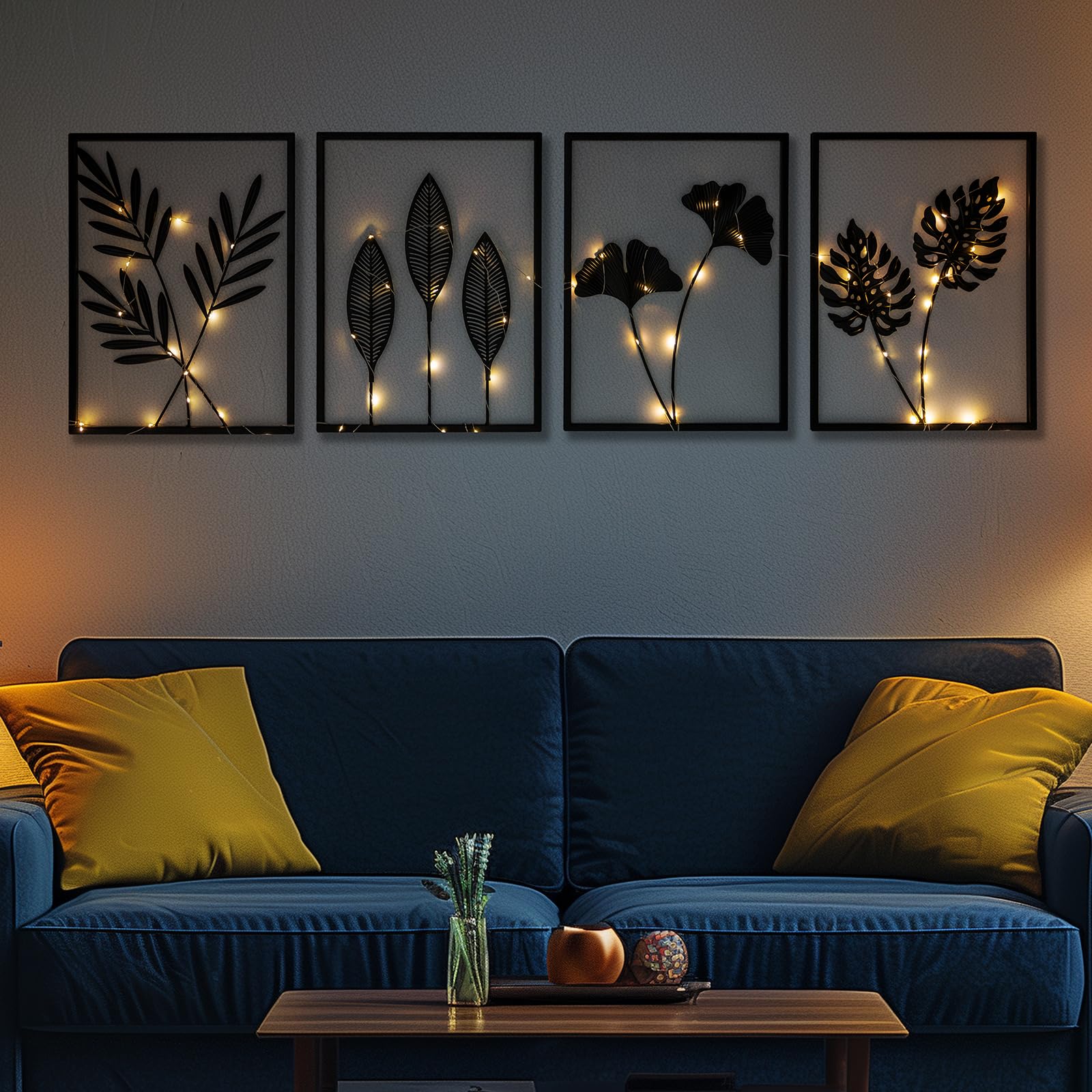 QXSXKJ Black Metal Wall Decor Framed, 3d Modern Metal Wall Art with Light, Minimalist Abstract Black Line Art DéCor, 4 Piece Home Art for Living Room Bedroom Ba
