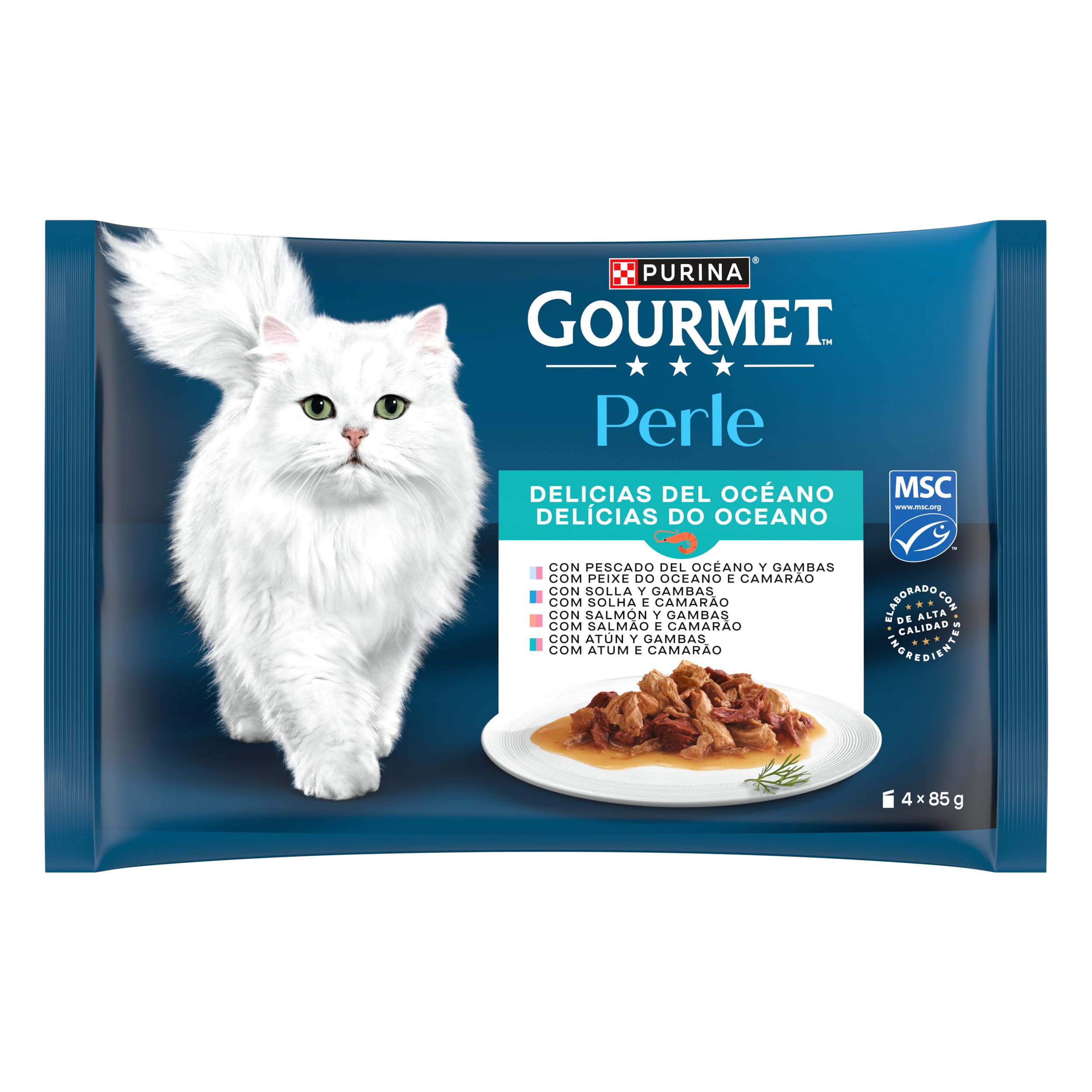 GOURMET Perle Delicias del Océano, Comida Húmeda para Gato Adulto, Trocitos en Salsa, Surtido de Pescado del Océano y Gambas Enteras, Salmón y Atún, 12 Packs de 4 Sobres de 85 g. (48 Sobres)