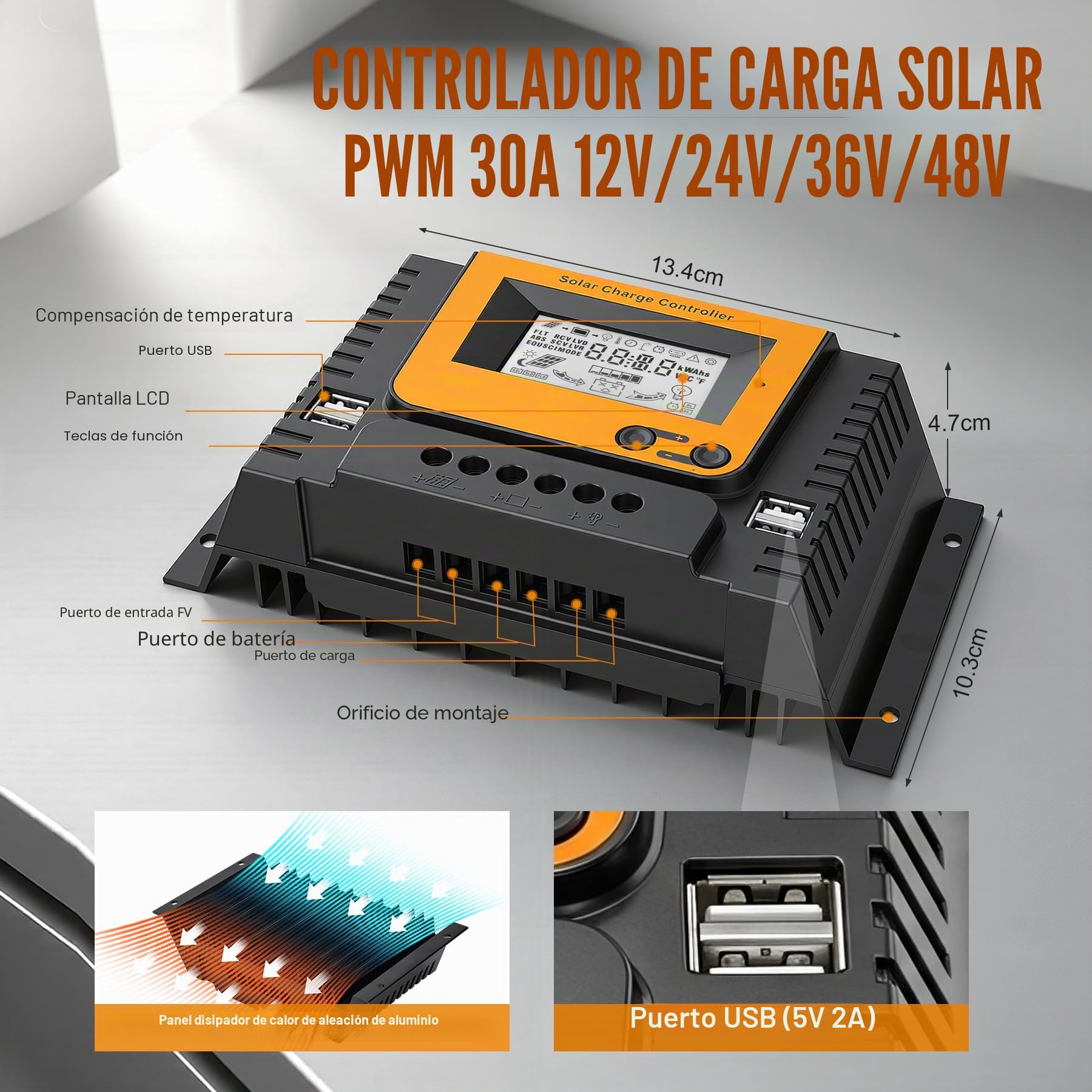 30A Controlador de Carga Solar Con Bluetooth, PWM 30A 12V 24V 36V 48V Regulador Carga Solar con Sensor Ttemperatura LCD Pantalla, 4×USB puerto, Apto muchos 12V 24V 36V 48V LI SLD FLD GEL AGM Baterías