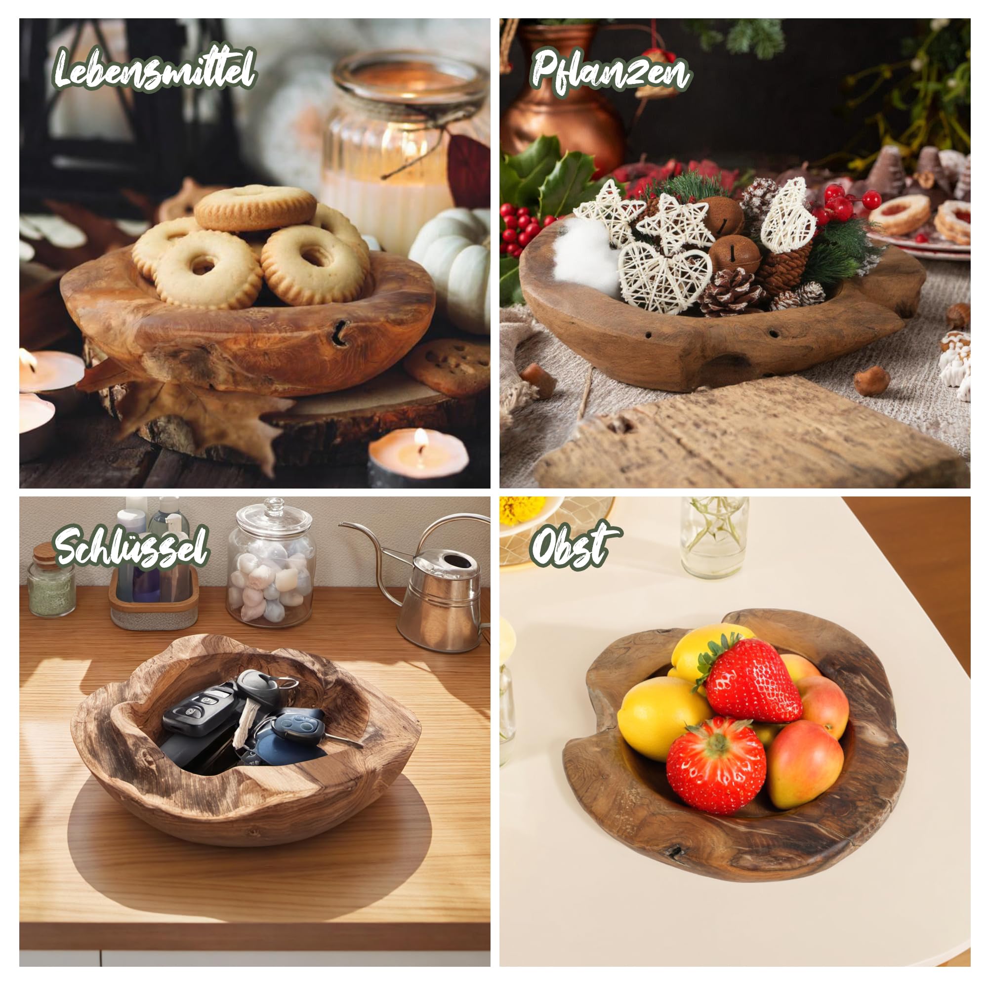 Homecall Adventskranz Modern Kerzenhalter Adventskranz Holz Mit 4 Kerzenpicks Adventsgesteck Schlüsselschale Adventskranz Teelichter Holzschale Ø Ca. 30 cm Teakschale (Ohne Kerzen und Dekorationen)