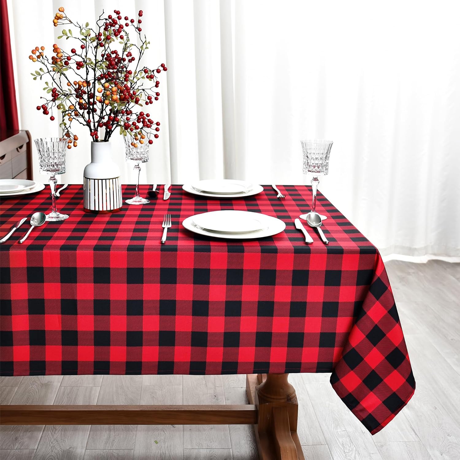 Classic Gingham Buffalo Xmas Tablecloth Fabric - Oblong 58x144 Inch Water Proof Checkered Table Cloth for Indoor Outdoor - Red Christmas Plaid Table Cover for Christmas, Holiday, New Year Red Black 58x144 inch