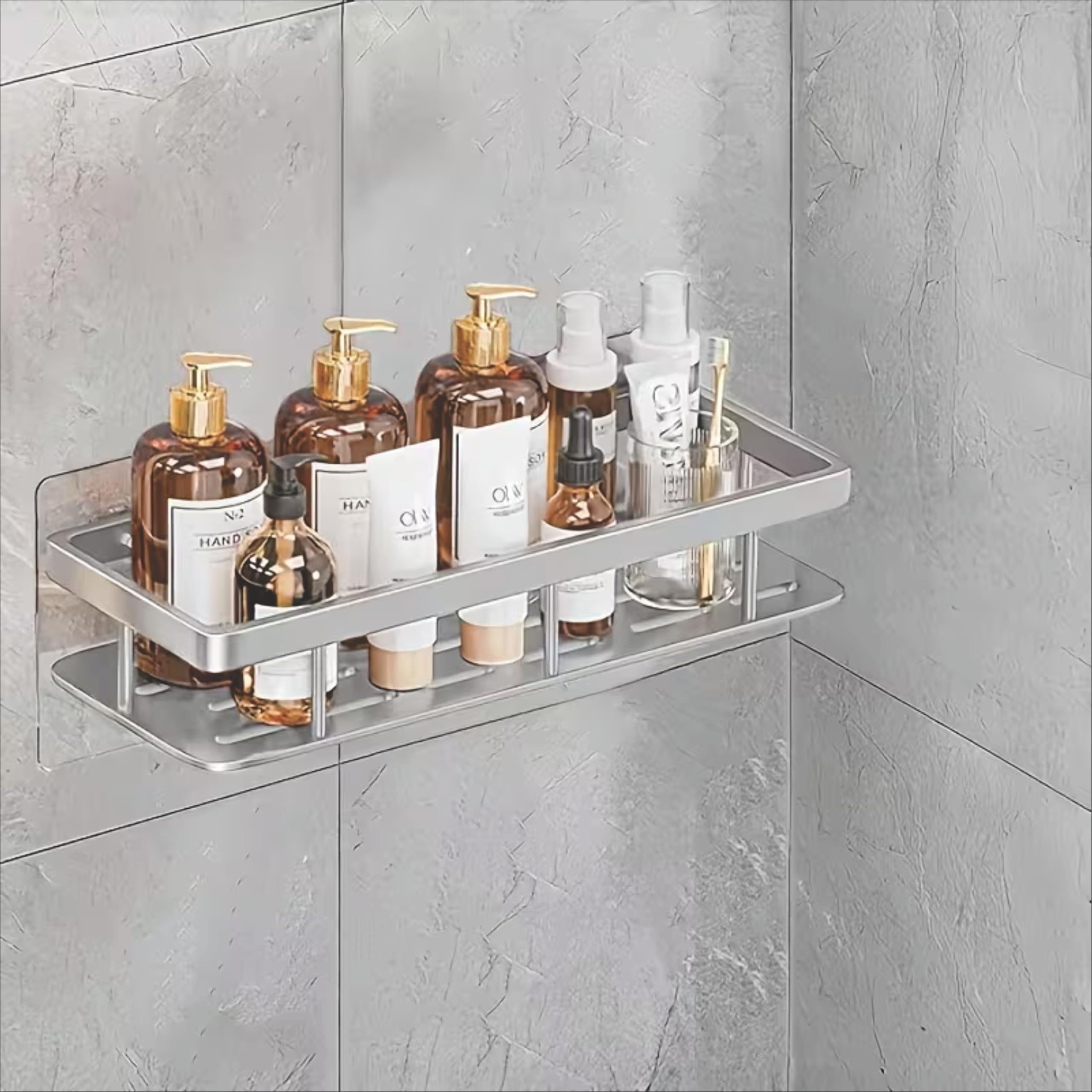 Boniry 1 Pcs Bathroom Accessories Aluminium Heavy Duty Self Adhesive Bathroom Shelf for Wall, Multipurpose Wall Mounted Organiser, Washroom Organizer (Silver)-picture-26