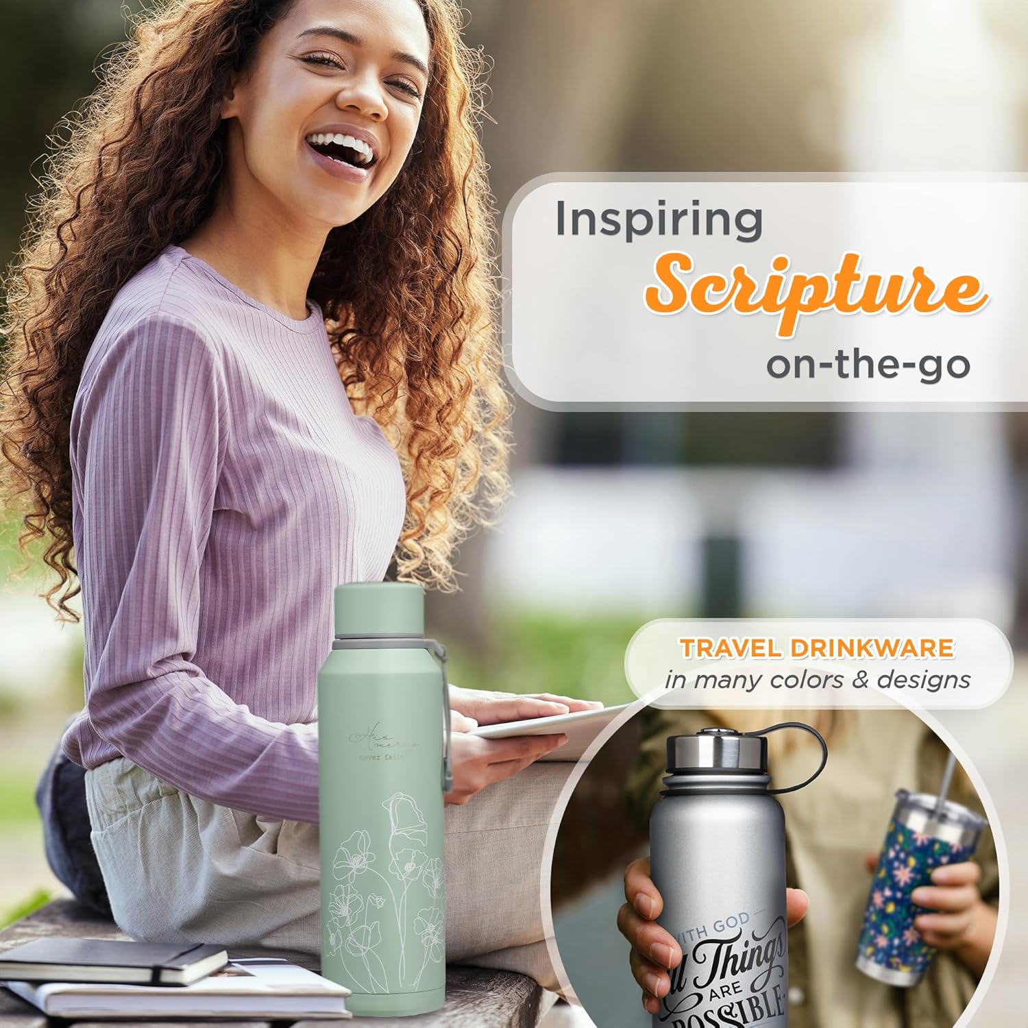 Christian Art Gifts Stainless Steel Insulated Double Wall Vacuum Spill-proof Water Bottle for Women: His Mercy Never Fails - Encouraging Drinkware for Hot/Cold All Day Temp, Teal Floral, 24 fl. oz. - Image 6