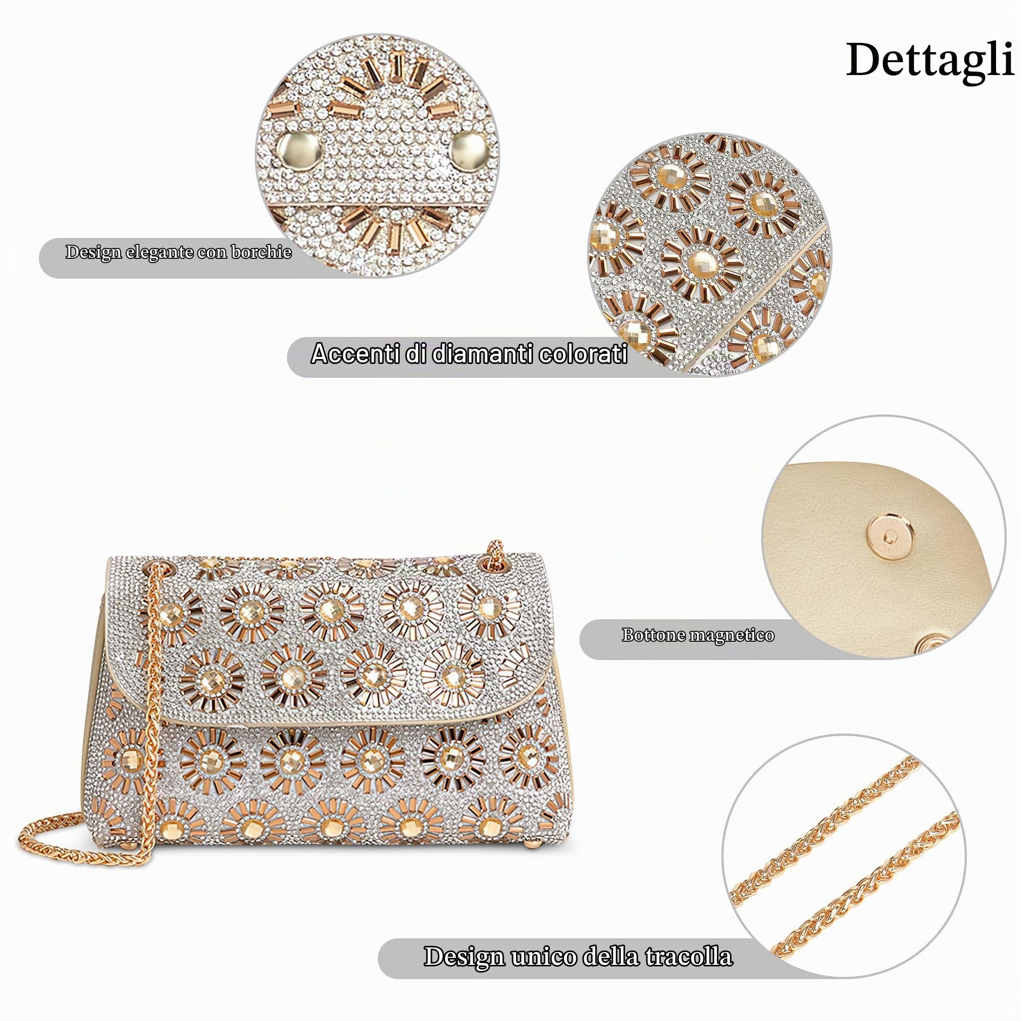 Borsa a Tracolla da Donna Moda Con Cinghia a Catena e Strass - Messenger Impermeabile in PU per Festa, Shopping e Viaggio - Oro