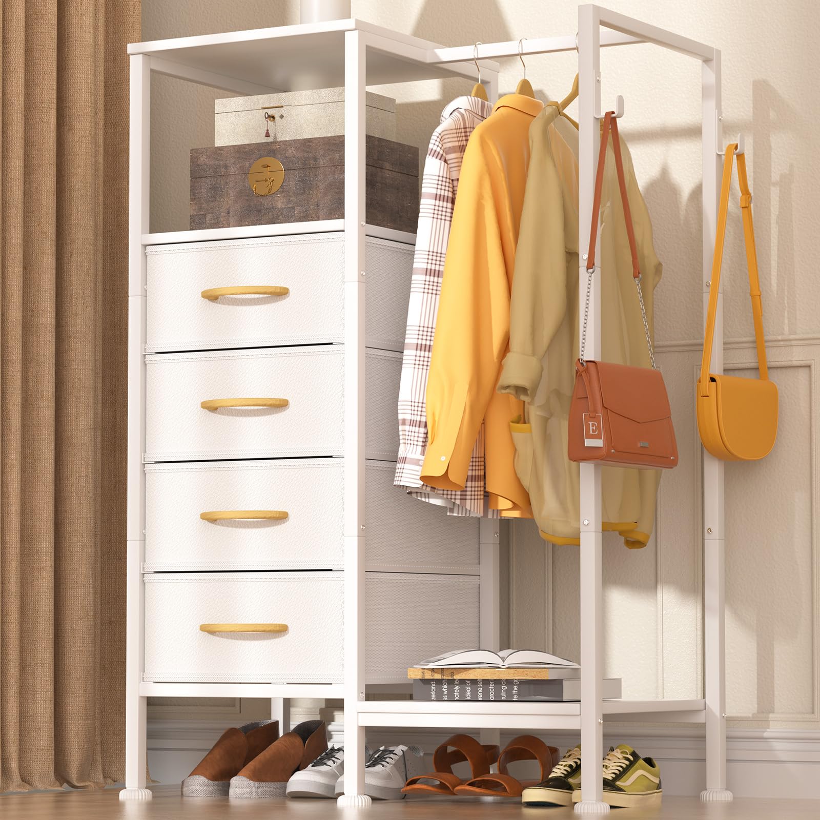 VERONLY Dresser for Bedroom with Clothes Hanging Rack, Reversible Bedroom Dresser with 4 Fabric Drawers, 2-in-1 Storage Chest of Drawers with Storage Shelves & Hooks, Sturdy Frame, 44''H (White) : Home