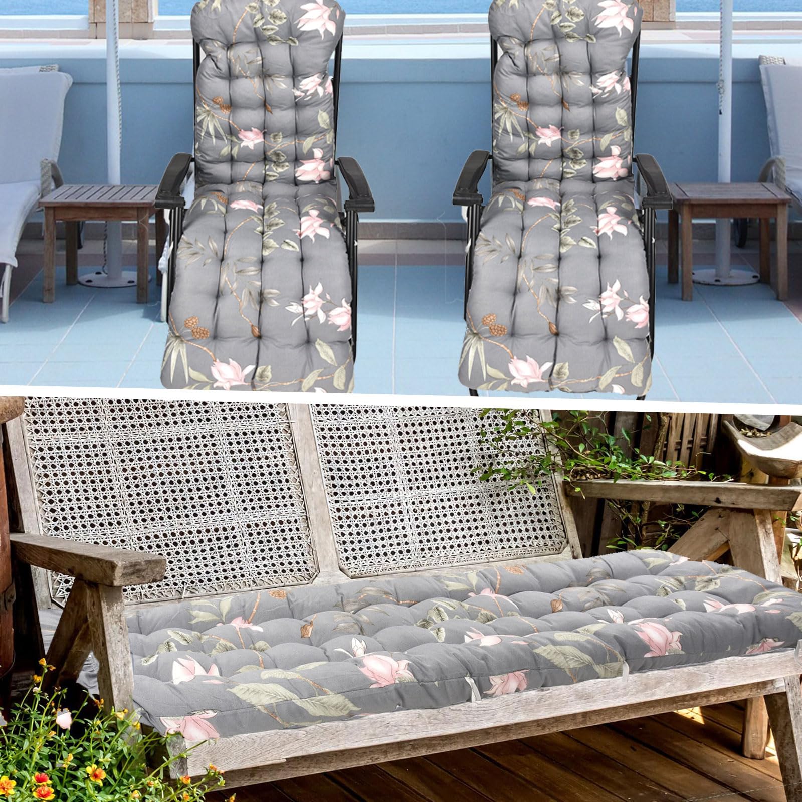 Cojín para Tumbona, Cojín para Silla de salón, Cojines para Asiento de Silla de jardín Espesor 8cm con Correas de Sujeción, Cojines para Silla Mecedora, Tumbonas de Jardín, Balcón y Playa (05)