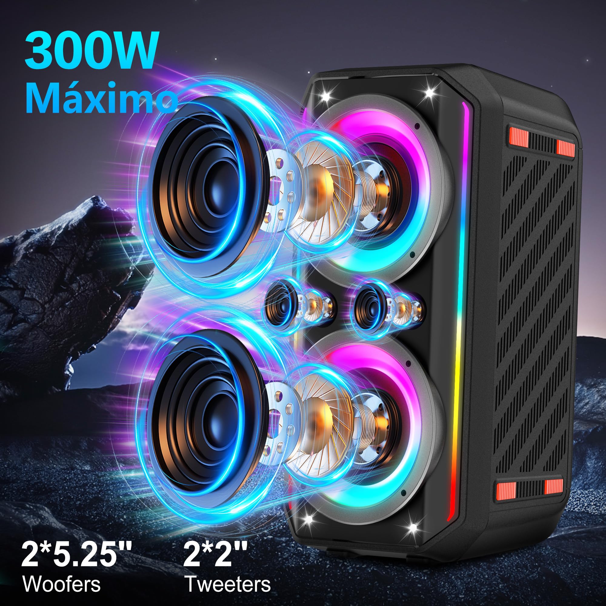 Altavoz Bluetooth, Bocina Boombox Inalámbrica de Potencia Máxima de 300W con Graves Profundos, Altavoces Portátil de Sonido Estéreo Fuerte, Altavoz Grande con Luz LED Para Fiestas al Aire Libre