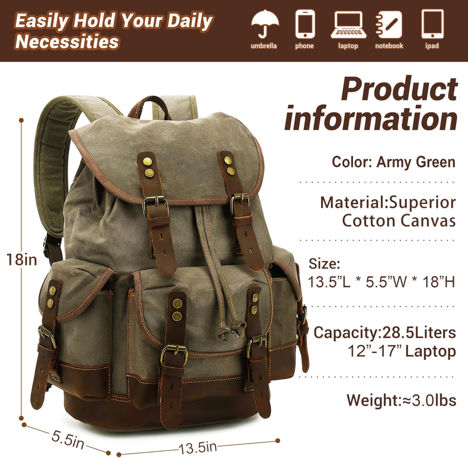 HuaChen Vintage Canvas & Leather Backpack: Spacious Durable Rucksack for Men & Women, Travel, Hiking - M86 Coffee