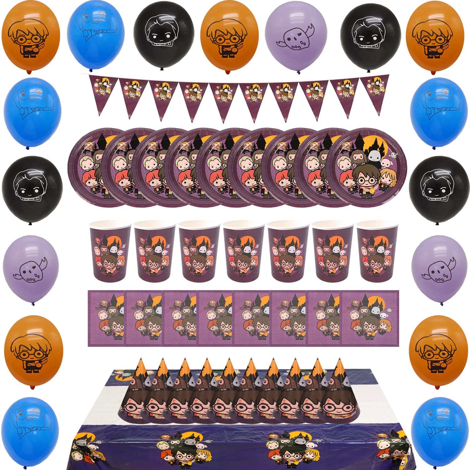 KENG 98Pcs Harry Potter magic theme party set,Environmentally Friendly Disposable Tableware,10Guests Party Supplies,Cup Spoon Knife Plate Fork Tablecloth Tissues Banner Balloon