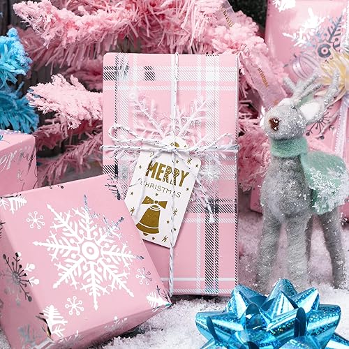 Miniatura 5 de WRAPAHOLIC Rollo de papel de regalo de Navidad, mini rollo, 3 rollos, 17 x 120 pulgadas por rollo, rosa con copos de nieve metálicos plateados, a