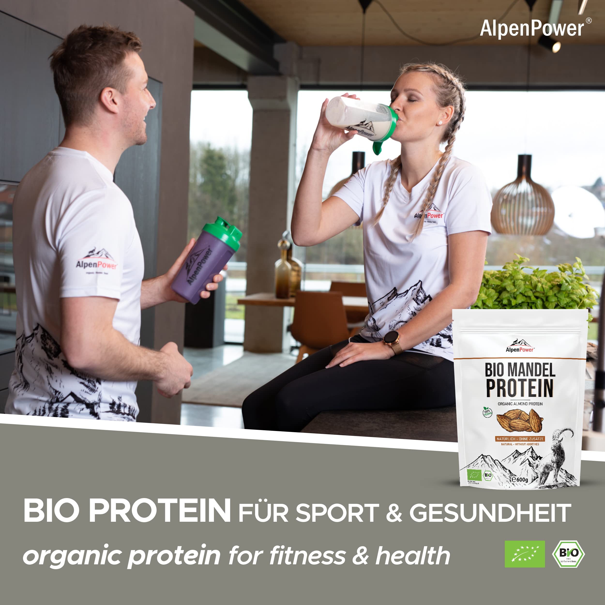 AlpenPower BIO Mandelprotein-Pulver Vegan 600 g I 50% Eiweißgehalt I Glutenfrei I Reich an Calcium & Vitaminen I Natur pur - 100% Bio-Mandeln