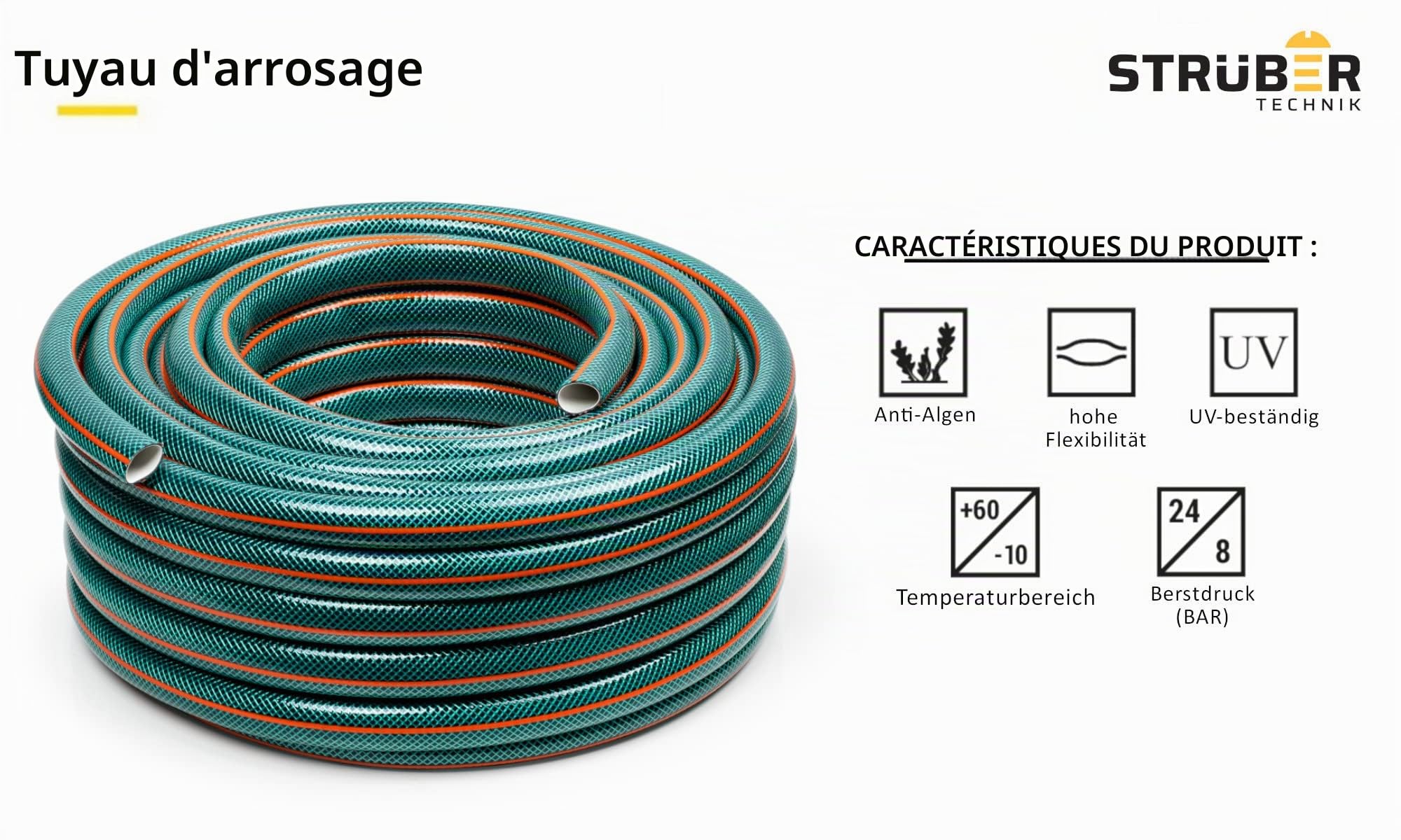 STRÜBER Tuyau d'arrosage à 4 couches (3/4" pouce / 50 m) Tuyau de jardin flexible et dimensionnellement BOS - Résistant aux UV