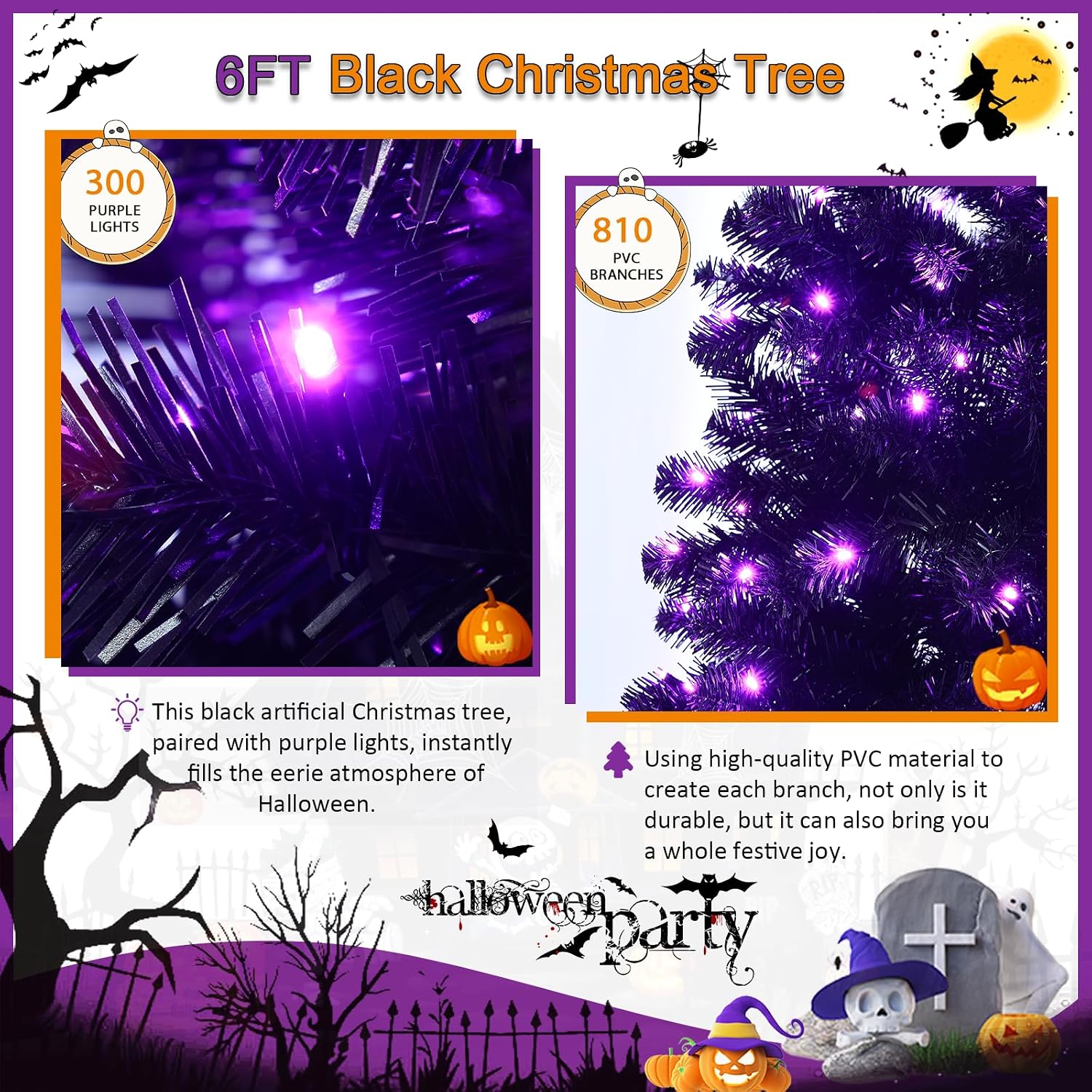 6FT Black Christmas Tree Prelit - Artificial Halloween Tree with 300 LED Purple Lights & 810 PVC Branch Tips, Holiday Decoration for Christmas Halloween