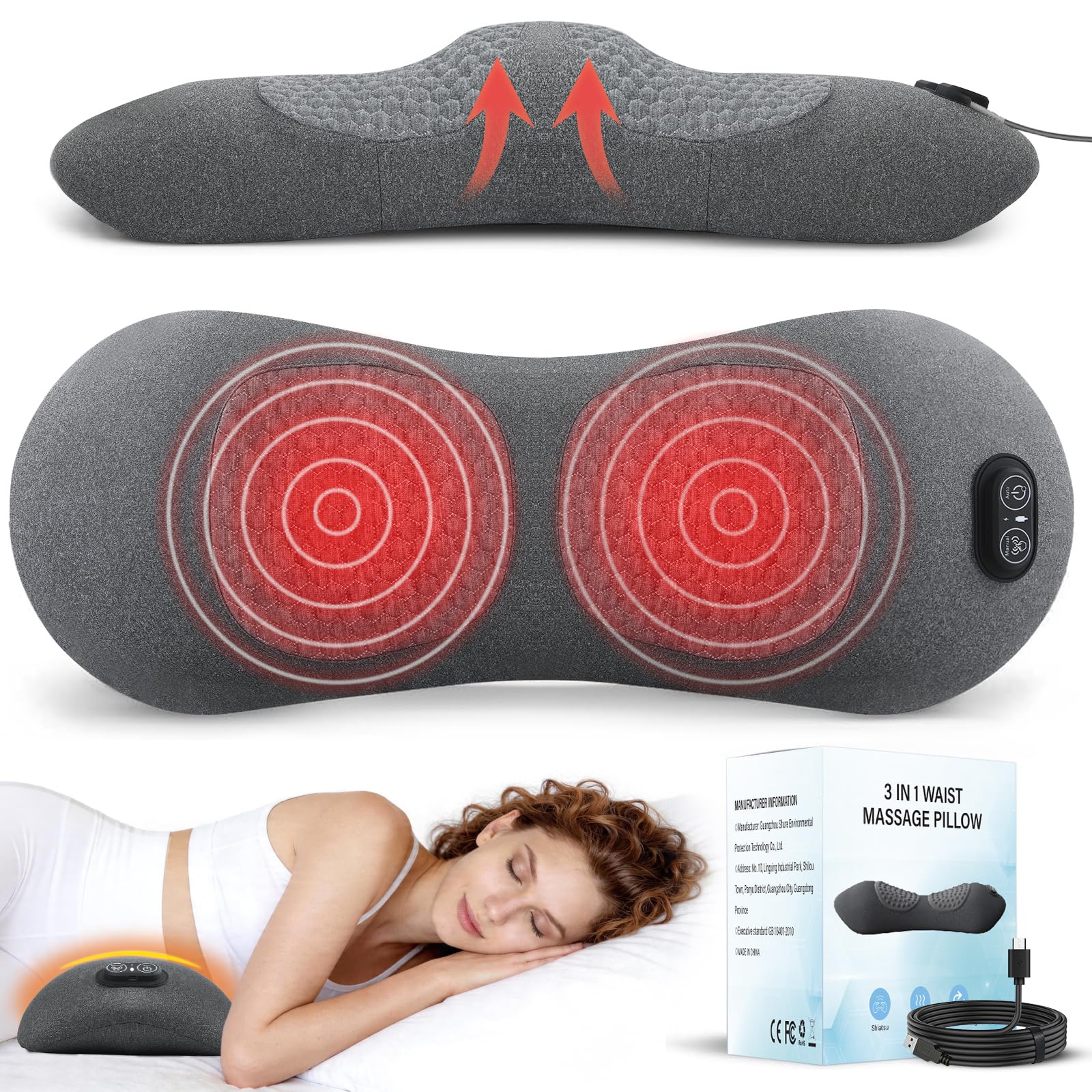 Photo 1 of 3-in-1 Electric Lumbar Support Pillow with Heat, Vibration and Traction, Triple Fusion Low Back Massager for Pain Relief Deep Tissue, Ergonomic Memory Foam Lumbar Support Massager for Car/Bed/Office