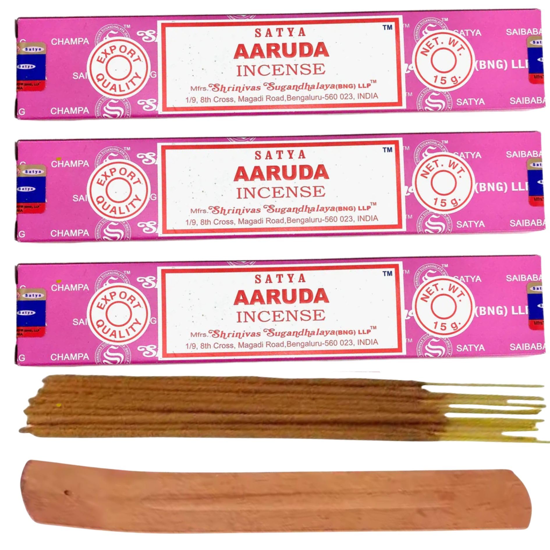 Fenny's Creations Natural Satya Nag Champa Incense Sticks Pack Of 3 X 15G With Free Holder Agarbatti For Home, Outdoor, Aromatherapy, Spa, Yoga, Meditation, Healing (Aaruda Pack Of 3 Free Holder)