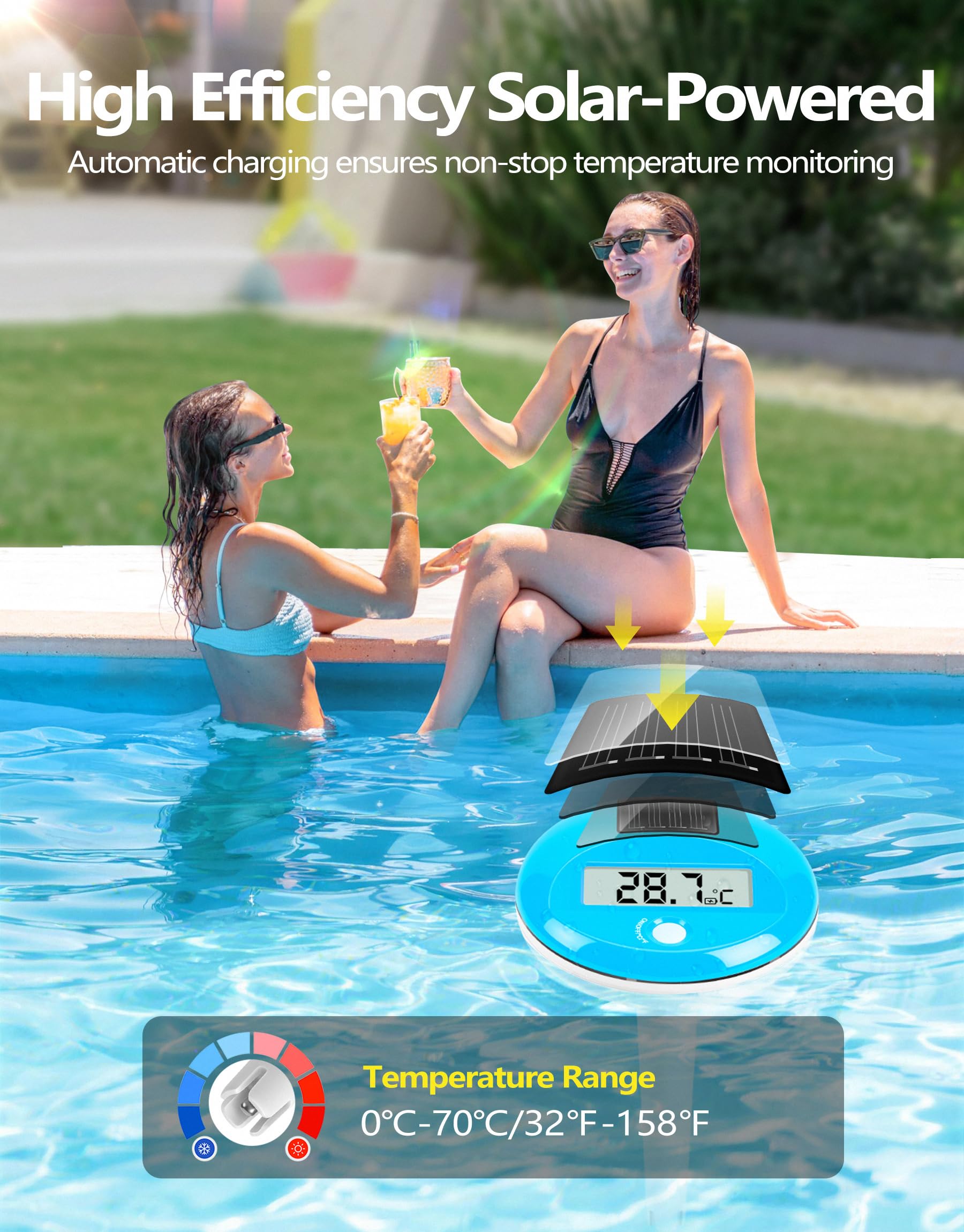 PoolLeader Thermomètre Piscine Flottant Numérique IP68 Grand Écran LCD