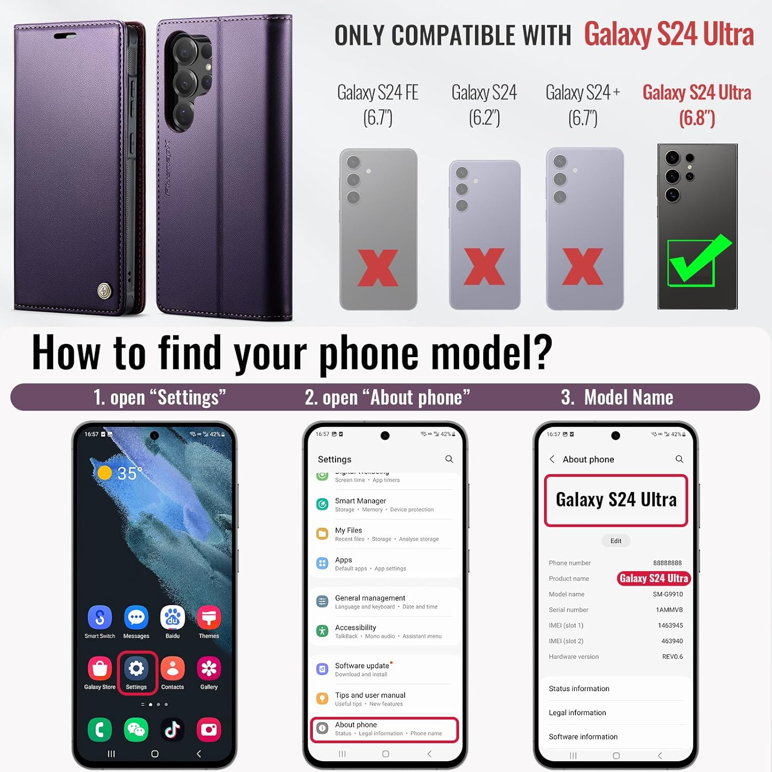 Wallet Case for Samsung Galaxy S24 Ultra Compatible with Magsafe, 2-in-1 PU Leather Flip RFID Blocking Card Holder Stand Shockproof Magnetic Detachable Cover for Galaxy S24 Ultra, Purple - Image 7