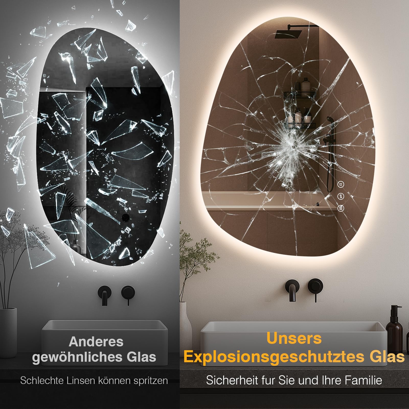 Specchio da bagno a LED asimmetrico con illuminazione, 75 x 55 cm, senza appannamento, 3 colori di luce, regolabile, dimmerabile, con funzione memoria, risparmio energetico, orizzontale