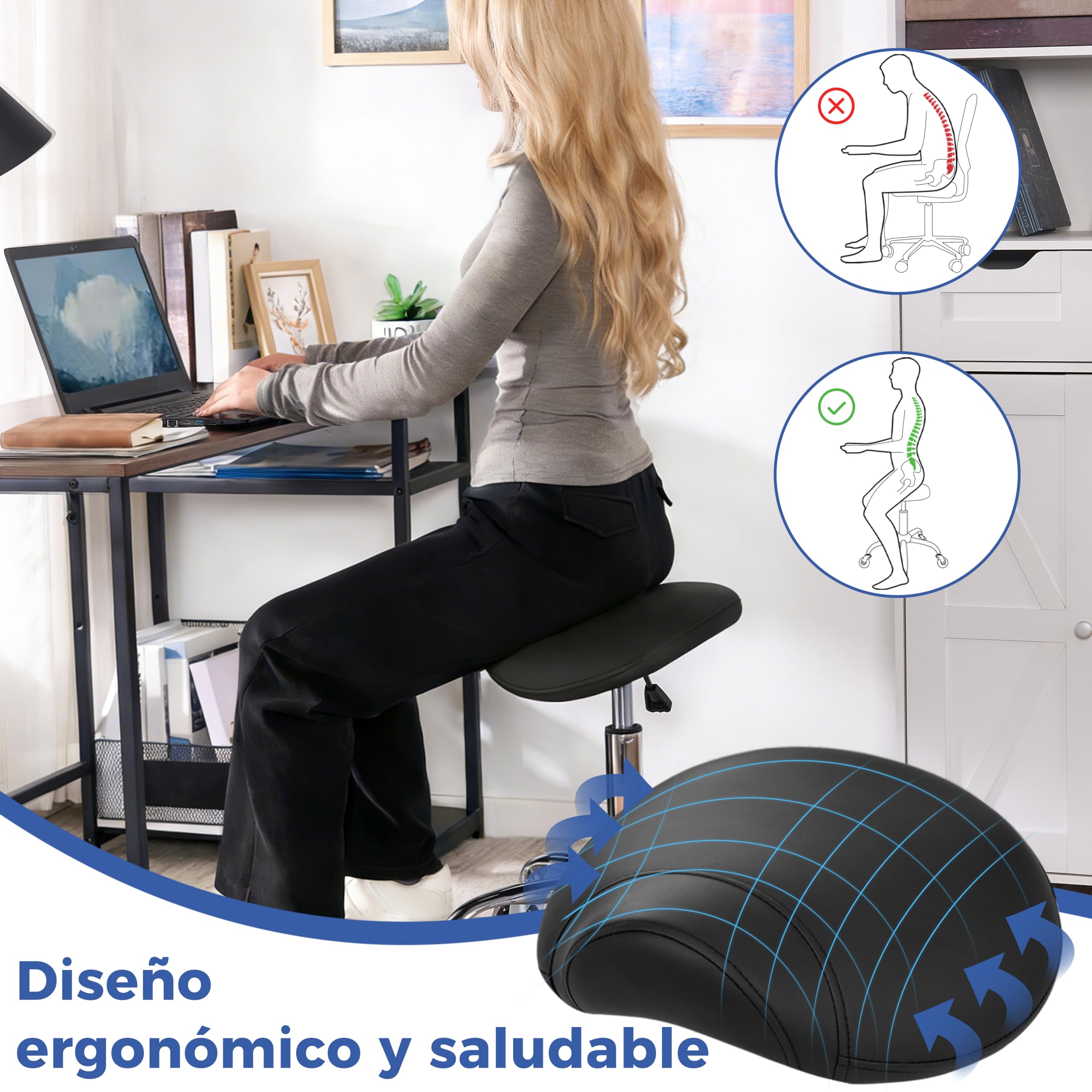ANWBROAD Taburete con Ruedas Taburete Ergonomico Altura Ajustable | Taburete Giratorio Asiento Acolchado Amplio Carga 204 kg para Salones de Belleza,Spas y Clínicas Negro WSS001B
