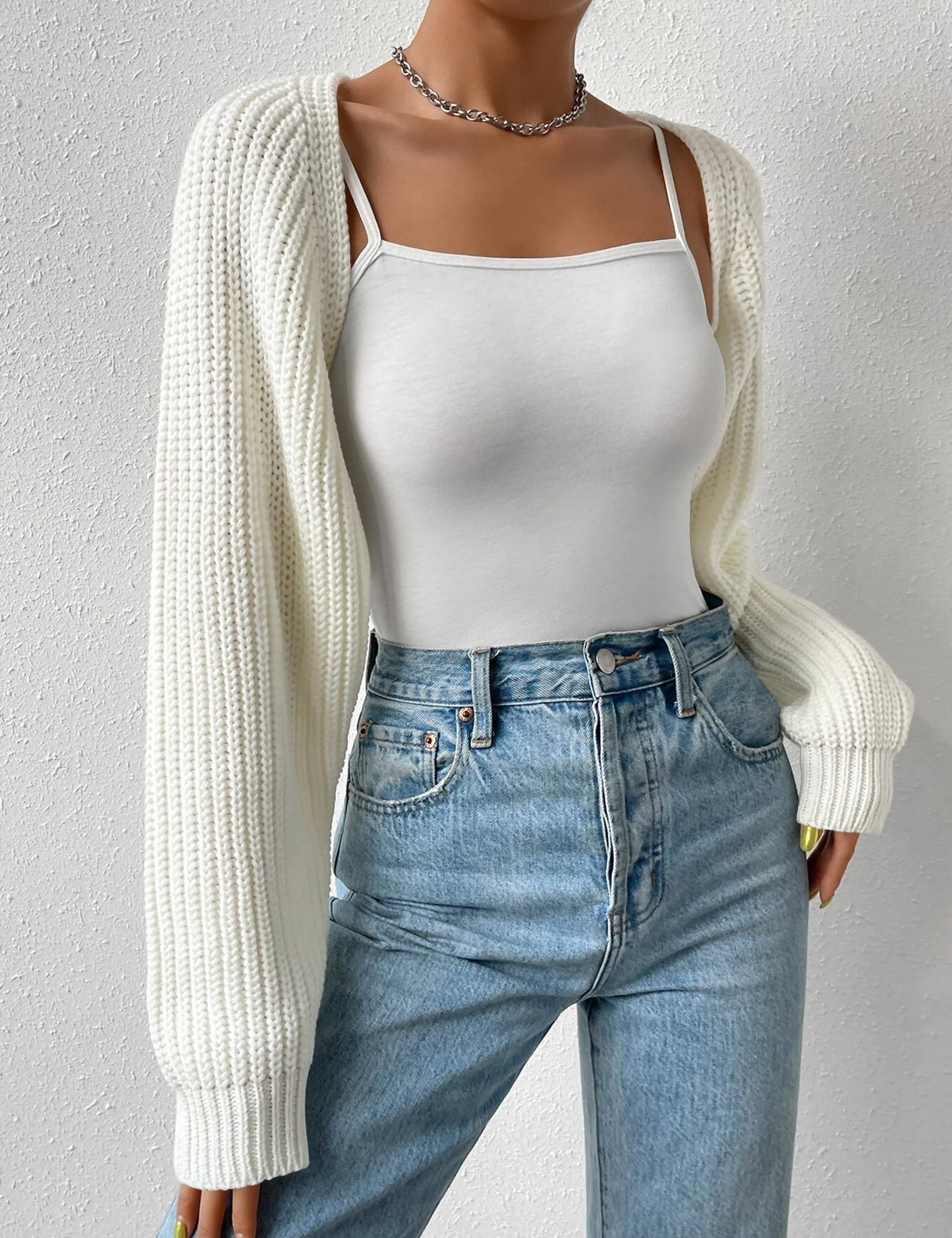 XuBa Bolero Damen Kurz Strickjacke Shrug Strickpullover Cardigan Sweater Langarm Solide Farbe Gerippt Crop Tops