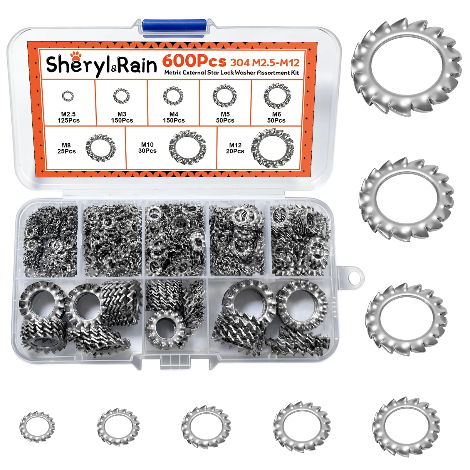 600Pcs External Tooth Lock Washers, 8 Size Stainless Steel Star Tooth Lock Washers, Shakeproof External Serrated Tooth Washer, M2.5 M3 M4 M5 M6 M8 M10 M12,for Automobiles, Ships, Mechanical Equipment