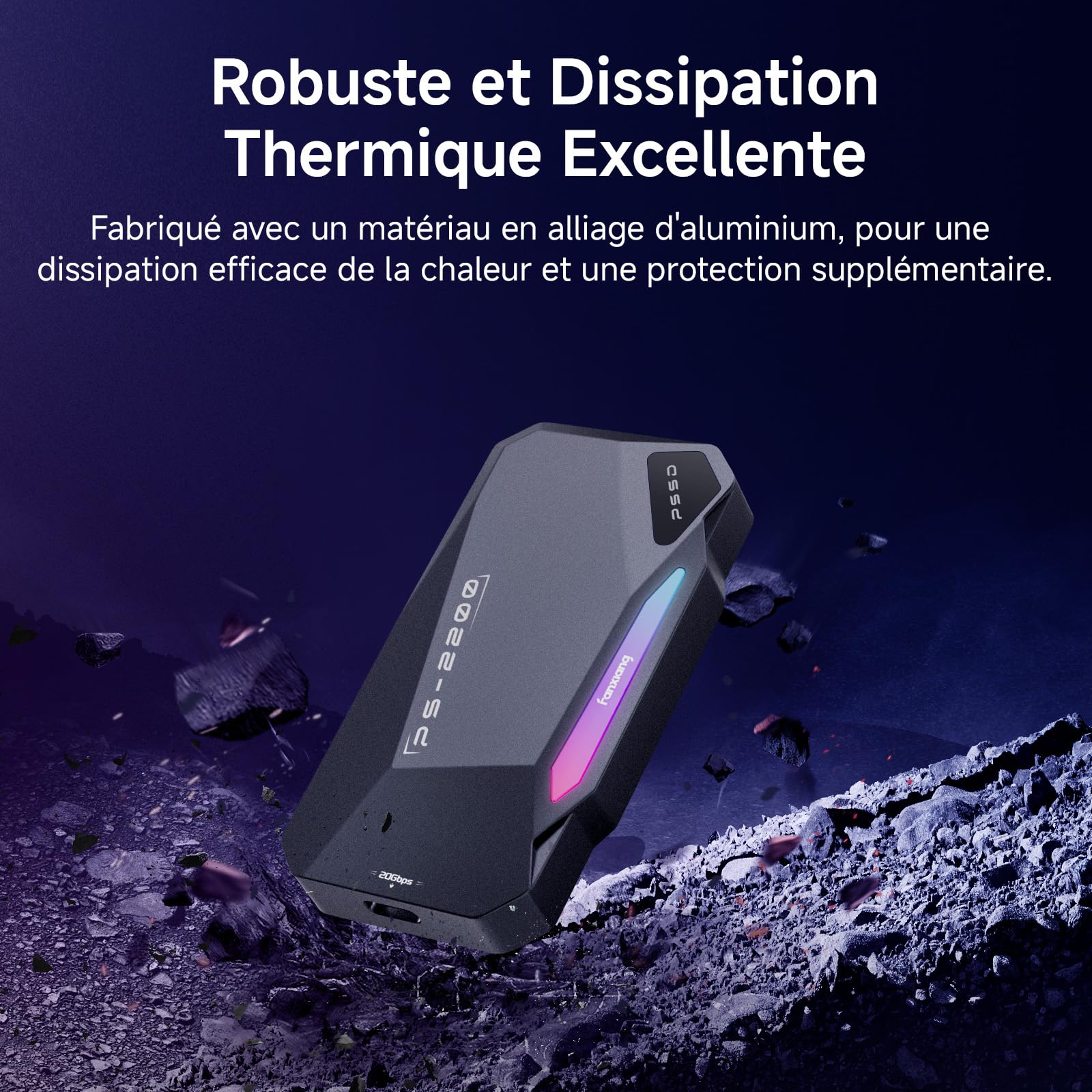fanxiang 2To SSD Externe Magnétique, Jusqu'à 2050Mo/s, USB 3.2 Gen2 USB-C, SSD Portable avec RGB LEDs, 4K ProRes HDR, Disque Dur Mémoire Externe pour iPhone15/16, Android/PC/Mac-PS2200