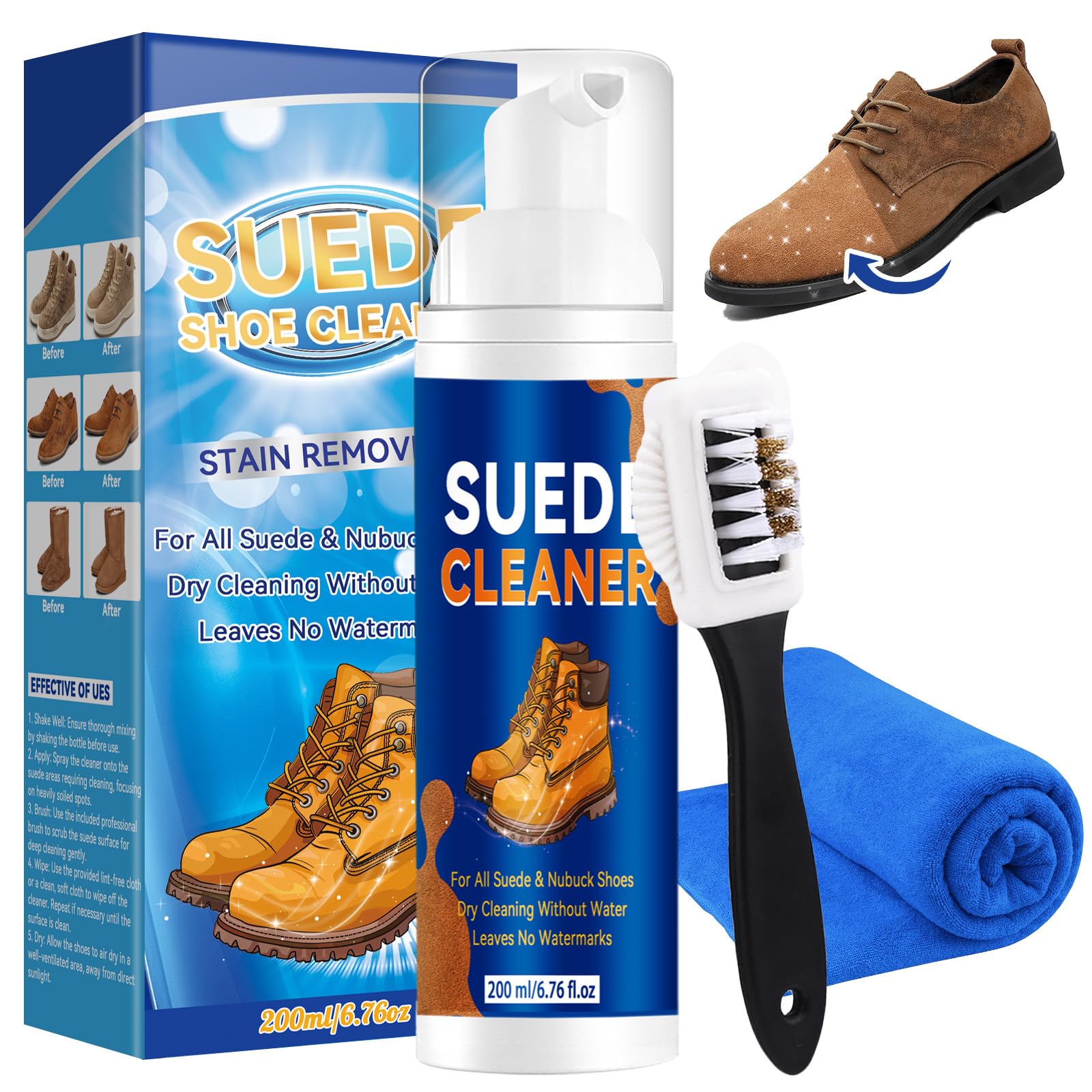 Kit Pulizia Scarpe 200ml, Pulisci Scarpe in Schiuma Delicato per Pulizia Scarpe Scamosciate, con Spazzola, Asciugamano e Spugna, Rimuove Macchie e Ripristina il Colore di Camoscio e Nabuk - 1