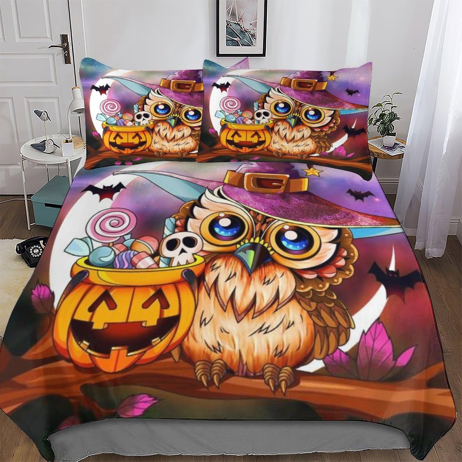Housse de couette hibou en microfibre premium pour lit double