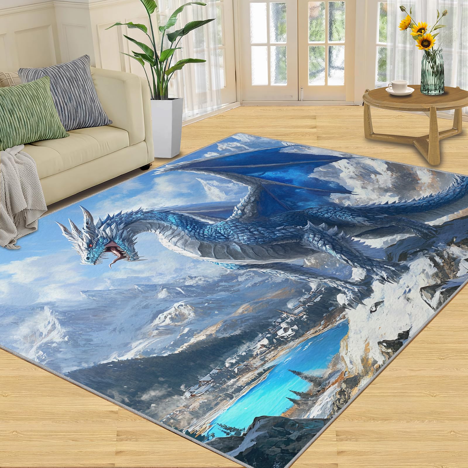 Tapis dragon antidérapant grand format lavable pour décoration chambre et séjour