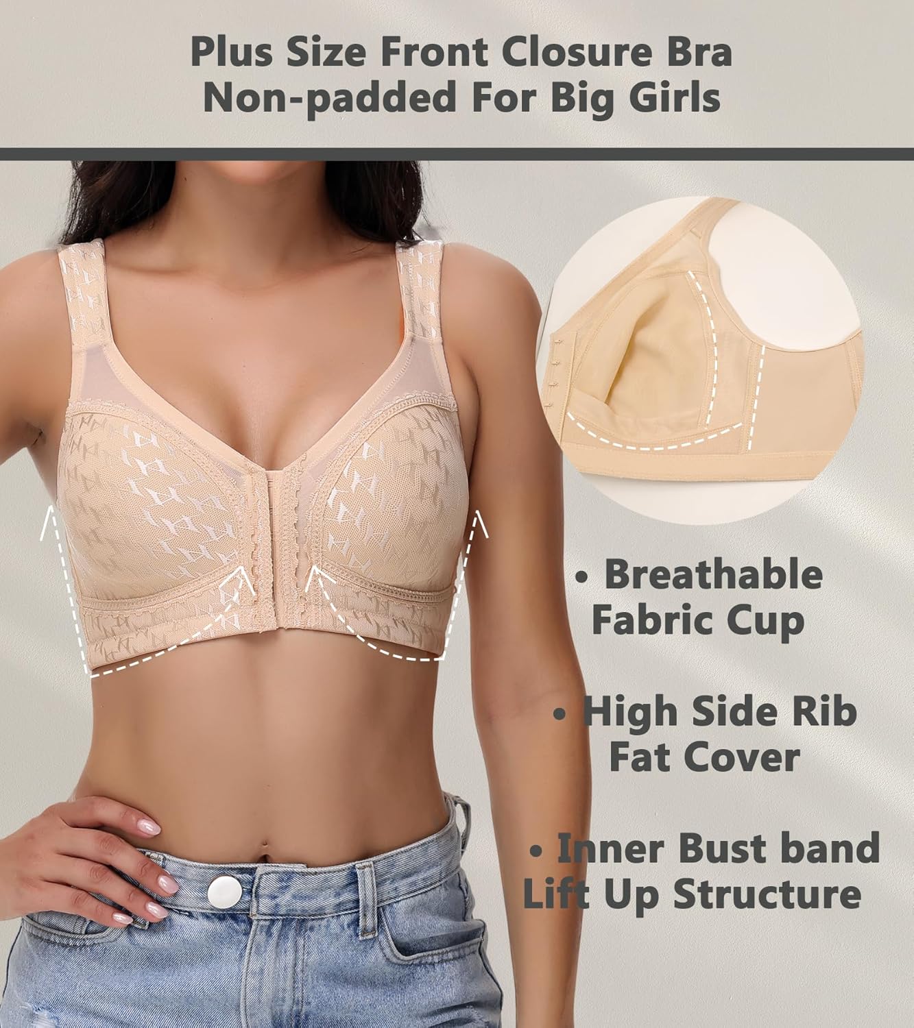 Posture Back Support Plus Size Front Closure Bra Wireless Full Coverage for Women - Image 5