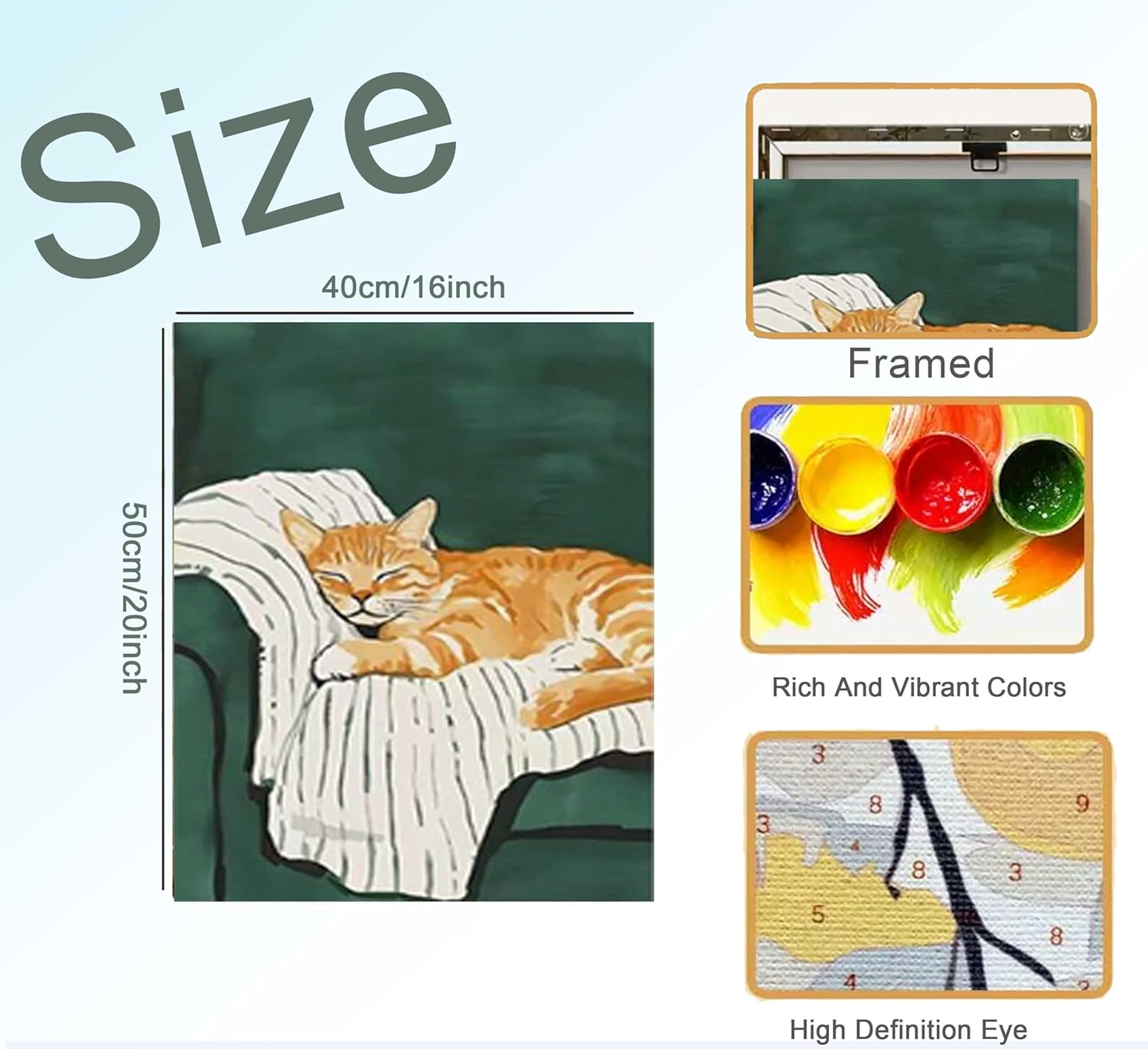 Sleepy Ginger Cat Paint by Number Kit with Frame, 16x20inch Cozy Feline Nap Scene DIY Painting for Adults and Kids, Art Craft Supplies