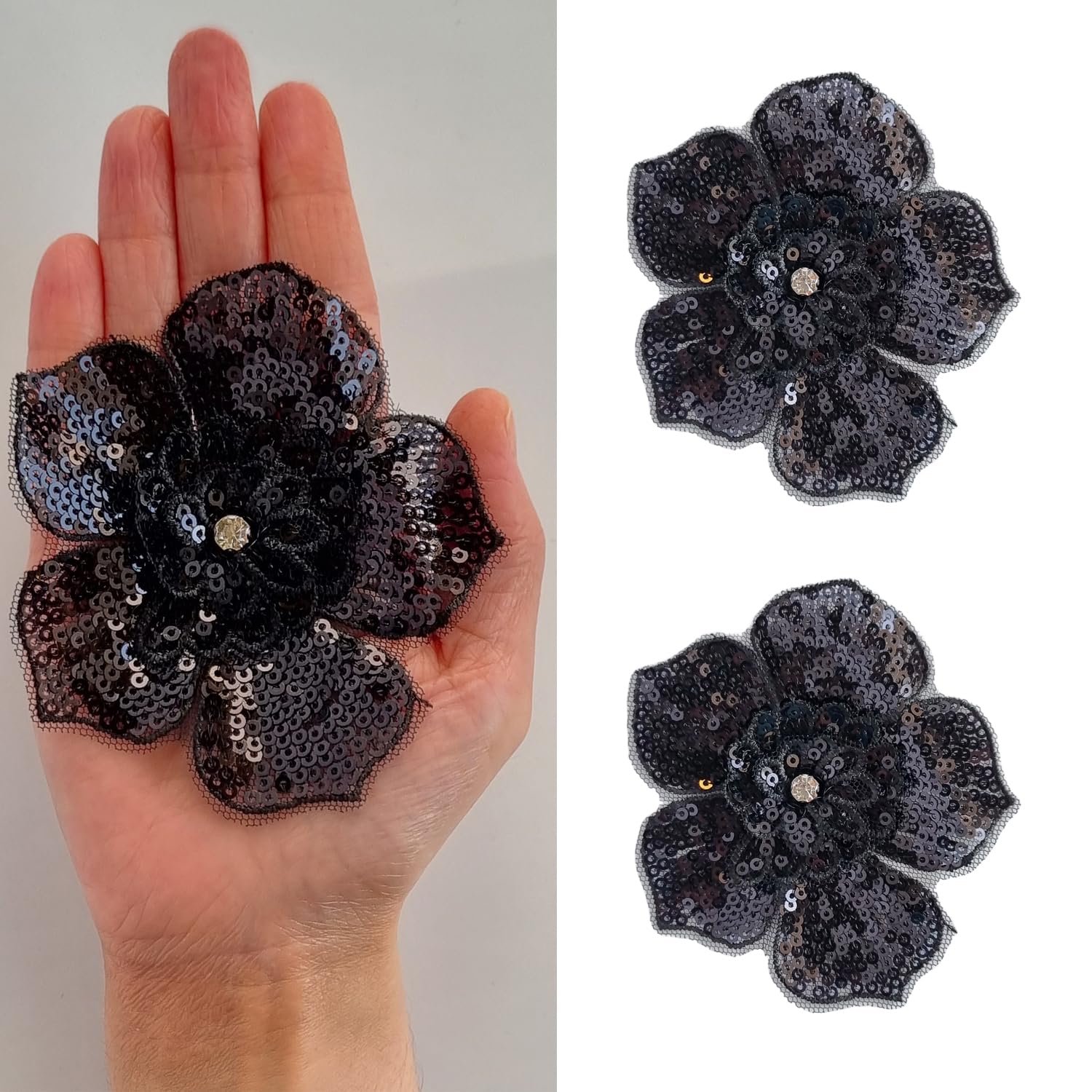 S.A.V.I 2PCs Black 3D Floral Sequin Applique Patch | 3.5” Sew-On Mesh Lace Embellishment for DIY Dresses, Bridal Wear, Lehenga, Saree, Blouse, Gown, Craft & Sewing Accessories (Black)-image-29