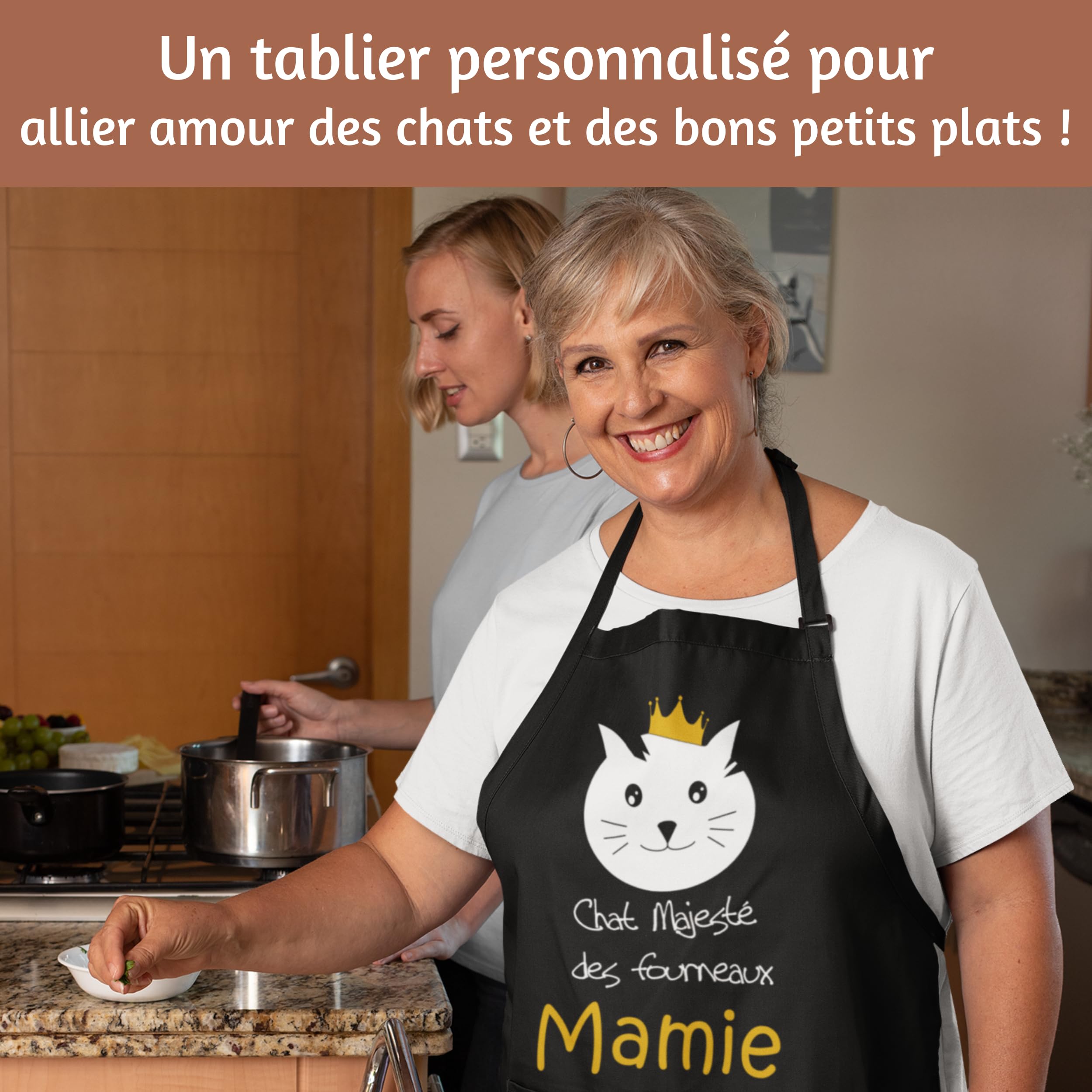 Tablier de Cuisine Femme - Tablier Personnalisé, Cadeau Femme Original, Cadeau Anniversaire Maman et Mamie Motif Chat Prenom Idée Cadeau Noel Fête - Cadeau Personnalisé