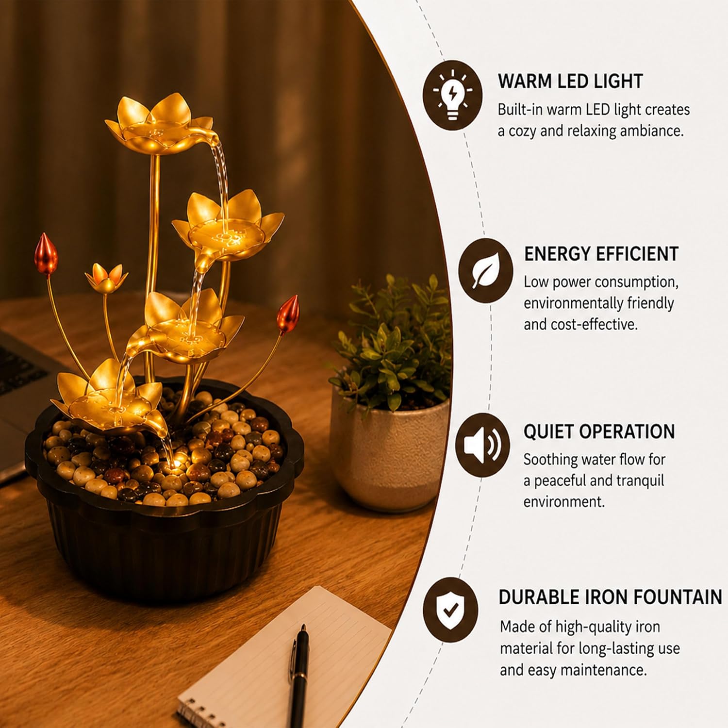 12" Tabletop Water Fountain with LED, Golden Lotus Indoor Water Feature, Zen Decor Electric Desk Fountain for Office, Bedroom, Relaxation, USB Powered with Plug Adapter
