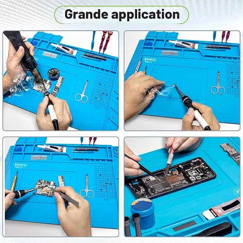 Spurtar Tapis à Soudure Anti-Statique en Silicone avec Magnétique Section Coupe vis Encoches, 45x30cm 500 ℃ Résistance à la chaleur Tapis de Réparation pour Téléphone Regarder Ordinateur - 2