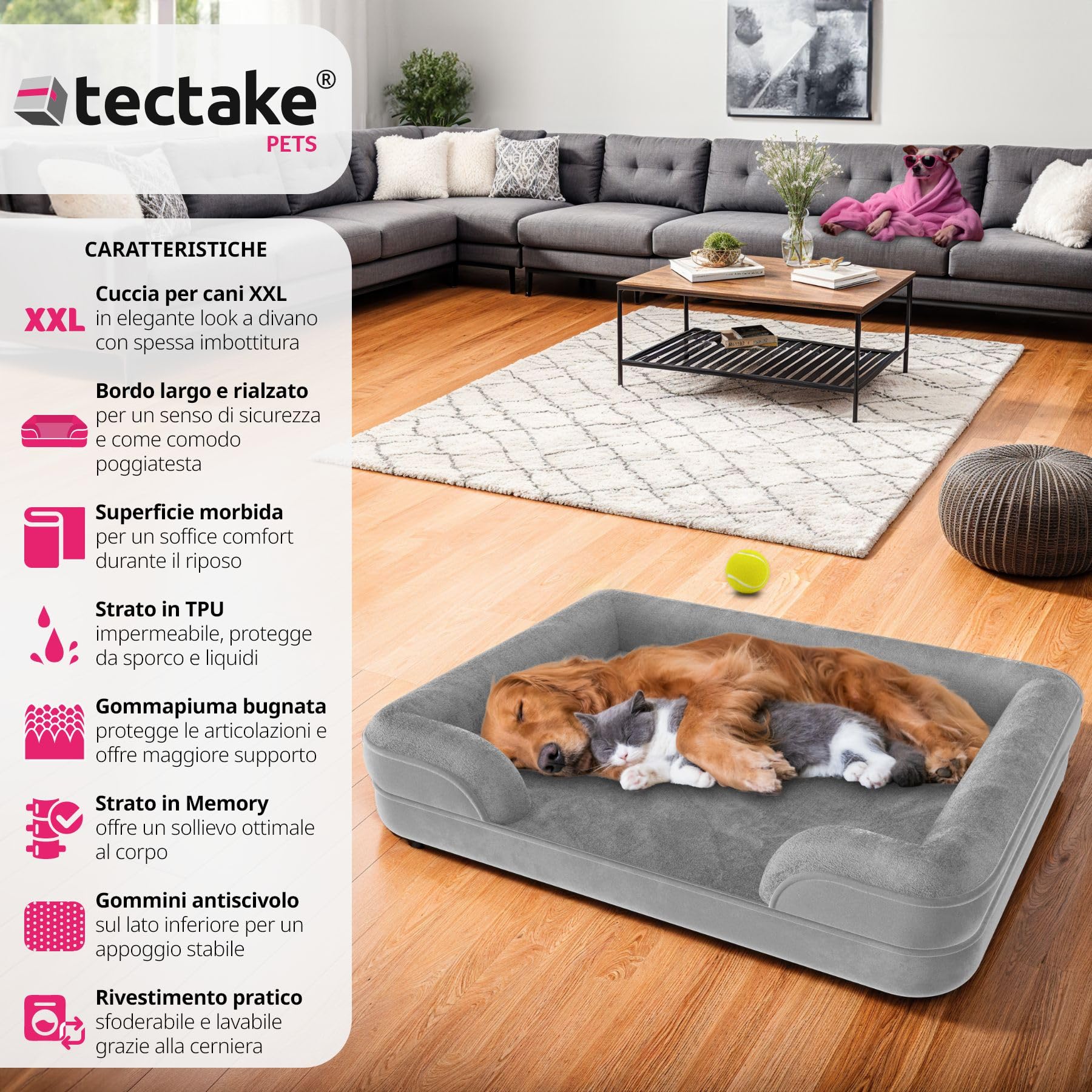 tectake® Lettino per Cani Ergonomico, Cuccia Ortopedica, Bordo Alto, Lettino Cane con Rivestimento in Peluche Impermeabile, Imbottitura in Memory Foam, Antiscivolo - 112x85x18 cm