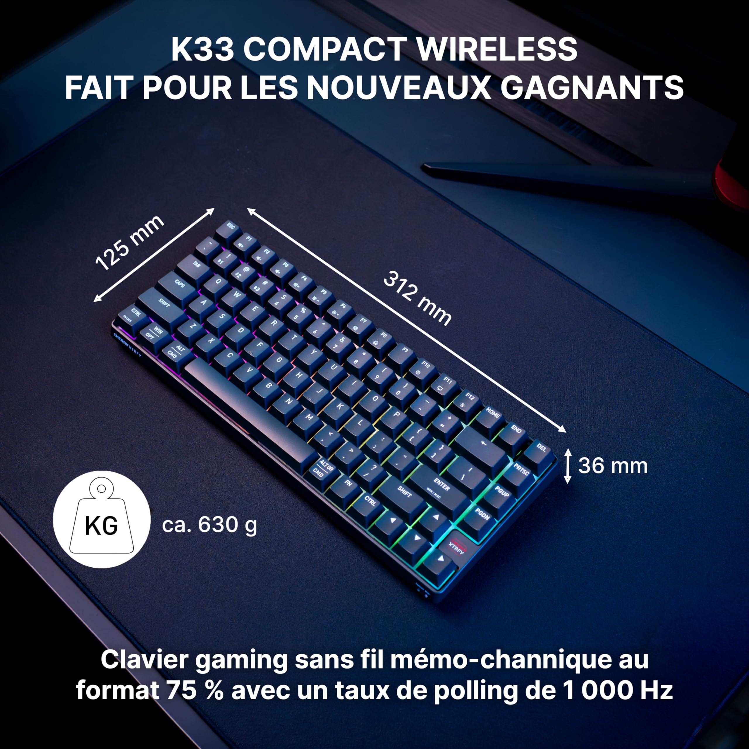 K33 Compact Wireless, Clavier Gaming sans Fil Mem-chanical 75%, Multi-Appareils, Rétroéclairage RGB, IP54 Résistant à la Poussière et Aux Éclaboussures, Disposition FR (AZERTY), Noir