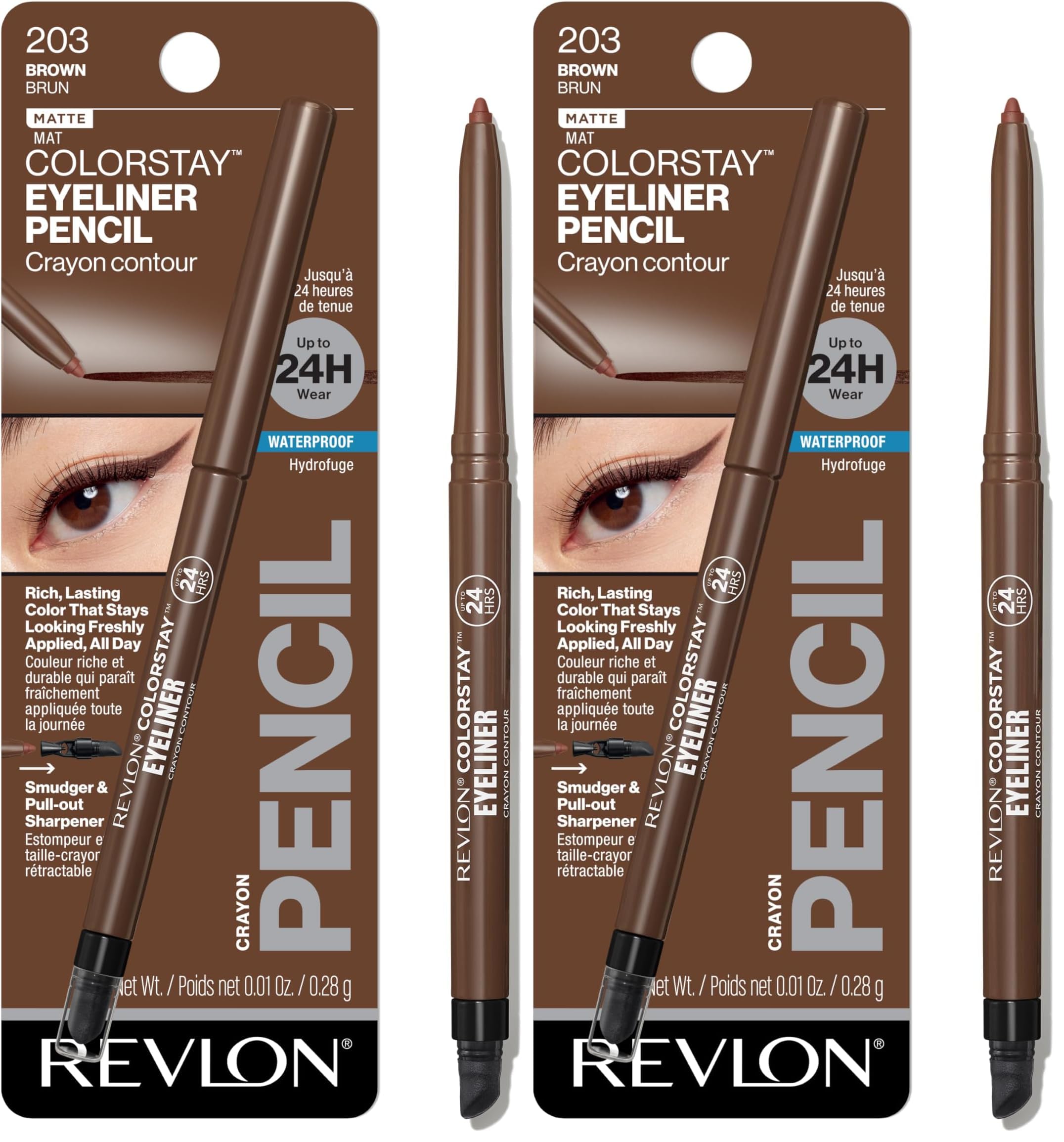 REVLON ColorStay Pencil Waterproof Eyeliner, Smudge-Proof, Eye Makeup with Built-In Sharpener, Packaging May Vary, 201 Black, 0.01 oz: 203 Brown 0.01 Ounce (Pack of 2)