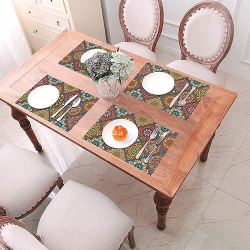 Miniatura 6 de Juego de 4 manteles individuales de lino de 12 x 18 pulgadas con diseño de mandala, estilo retro, lavables, resistentes al calor, bohemios, para