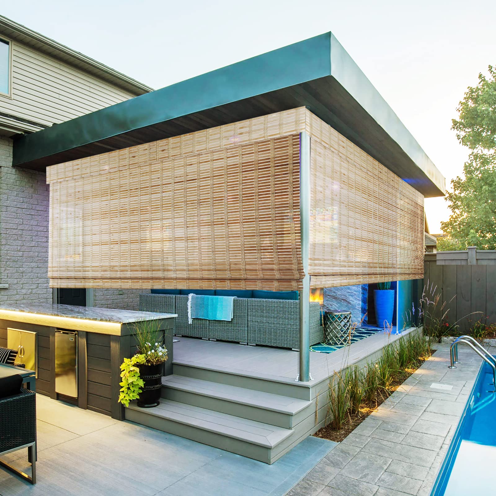 LETAU Outdoor Wood Window Shades Waterproof, Bamboo Roman Blinds Block Sun for Home, Patio, Kitchen, Pattern 1