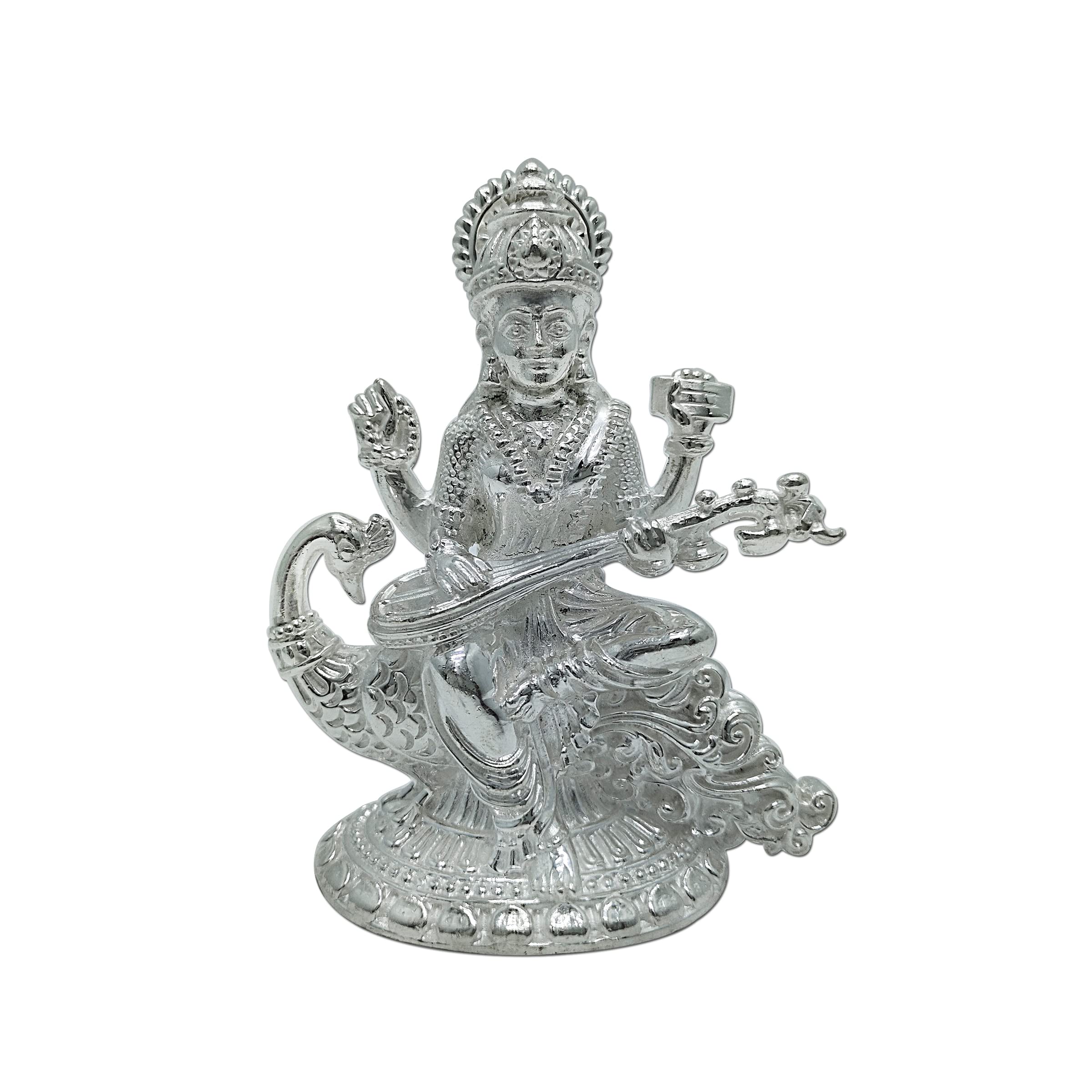 MAA SILVER Pure Silver Goddess Saraswati Solid Idol/Murti/Statue Holding Veena & Sitting on Beautiful Peacock Perfect for Gifting & Pooja/Puja Use (92.5% Purity)(18 Grams)
