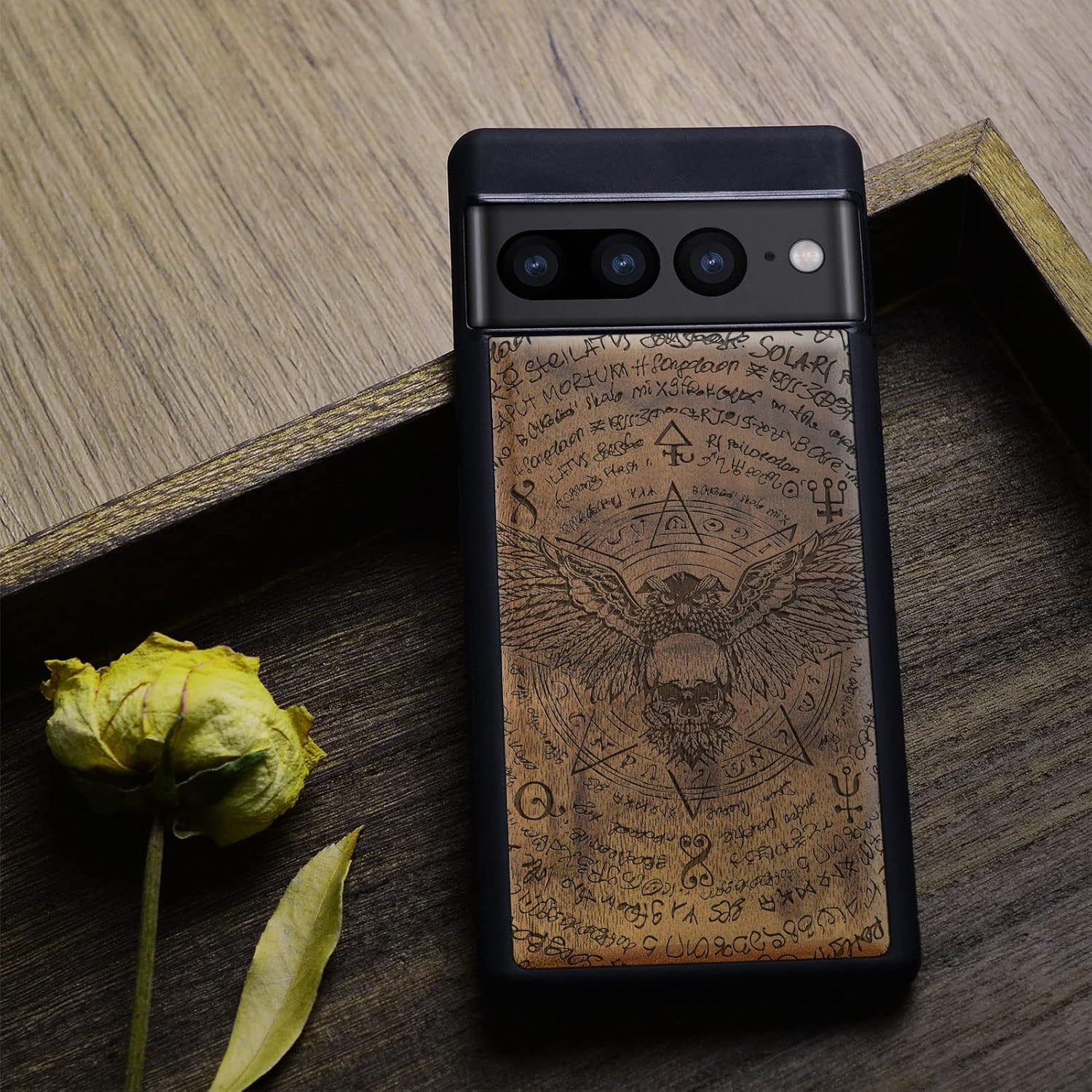 Carveit Wood Case for Pixel 7 Pro Case [Natural Wood & Black Soft TPU] Shockproof Protective Unique & Classy Wooden Cover Compatible with Google Pixel 7 Pro (owl and Skull-Walnut)