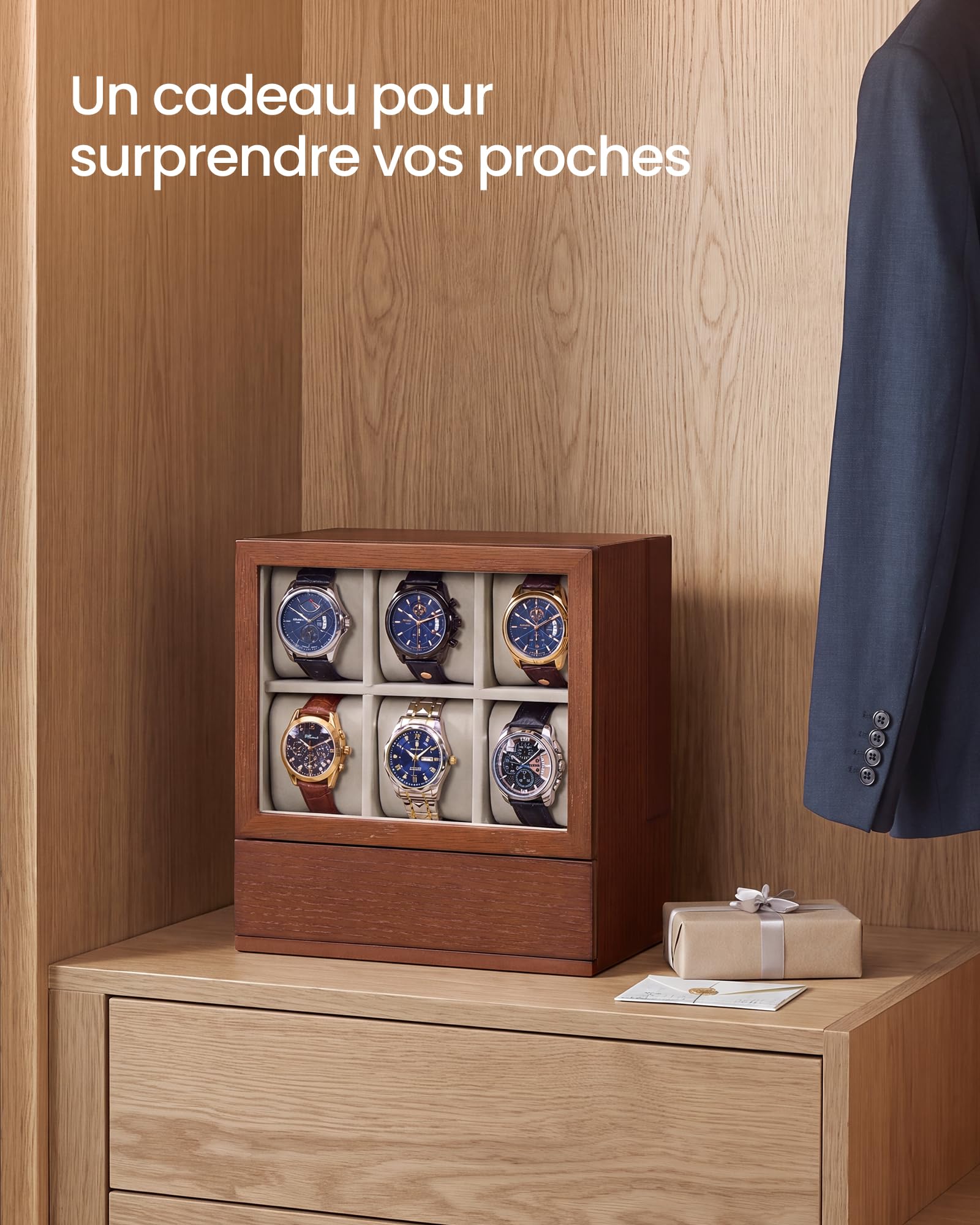 SONGMICS Boîte à Montre en Bois, Vertical, pour 6 Montres, avec Tiroirs