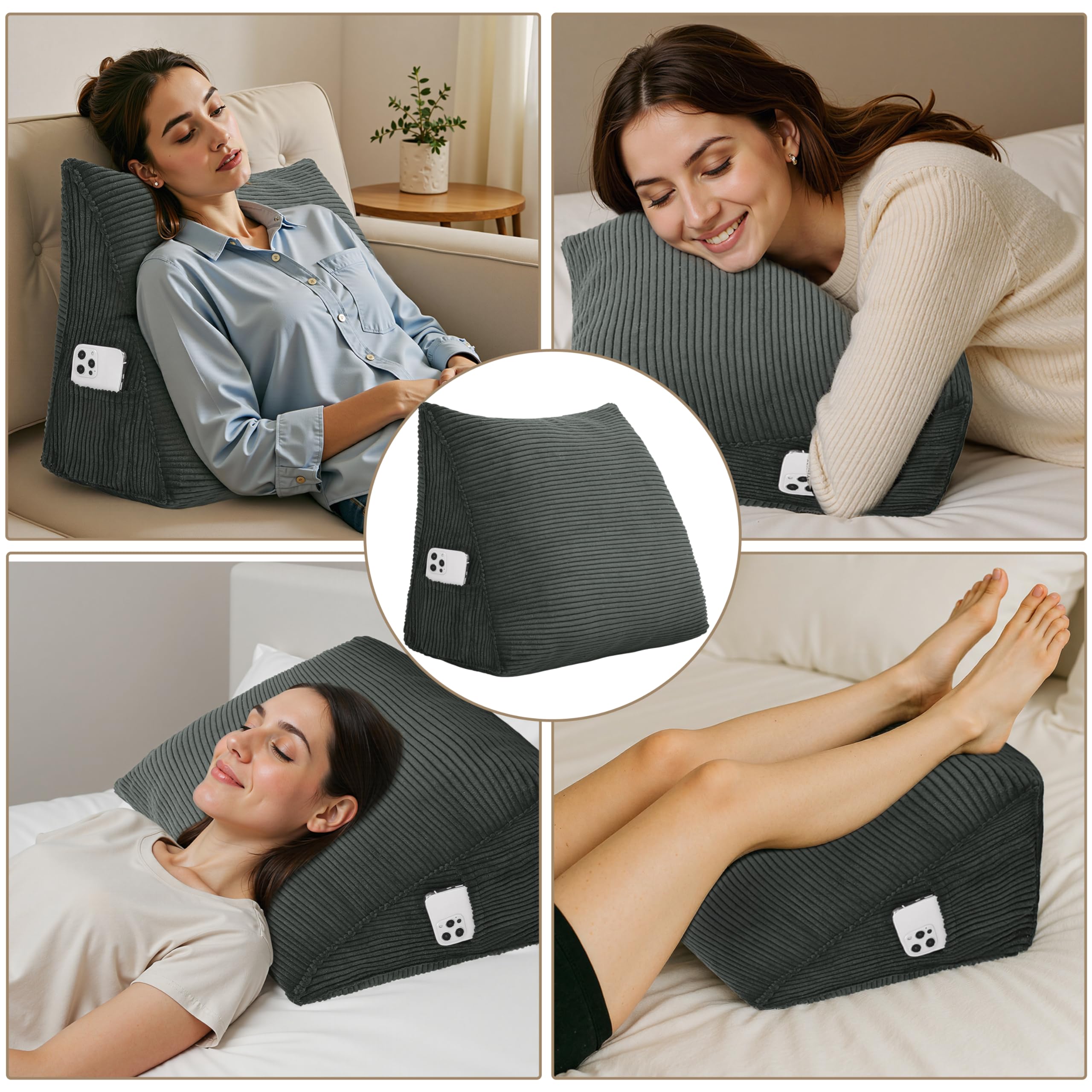 Coussin de Lecture Triangulaire en Velours Côtelé - Support Ergonomique pour Tête de Lit et Canapé - Housse Amovible Lavable (Gris Foncé, 45x35x20cm)