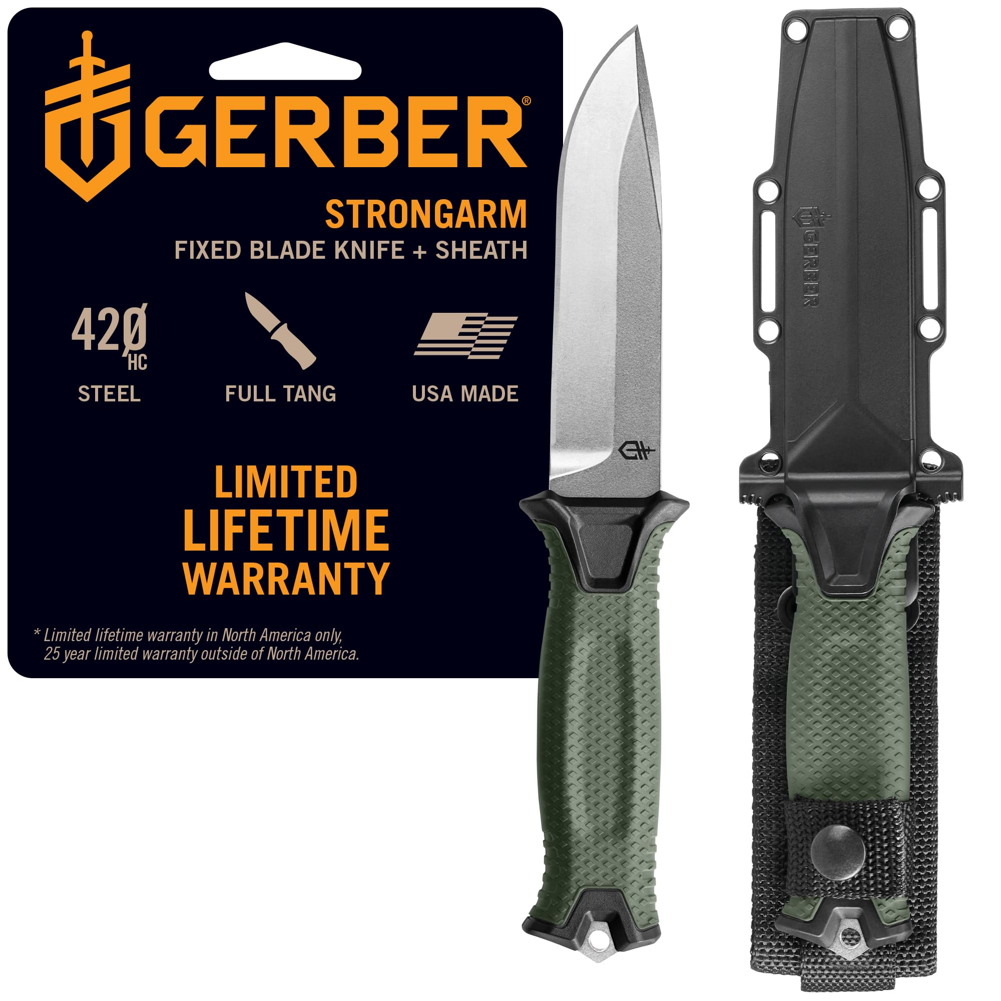 Gerber Gear StrongArm - Fixed Blade Survival Tactical Knife for Camping, Outdoor, Hunting - Ergonomic Utility Tool with Sheath - Made in USA - Sage Green, Plain Edge