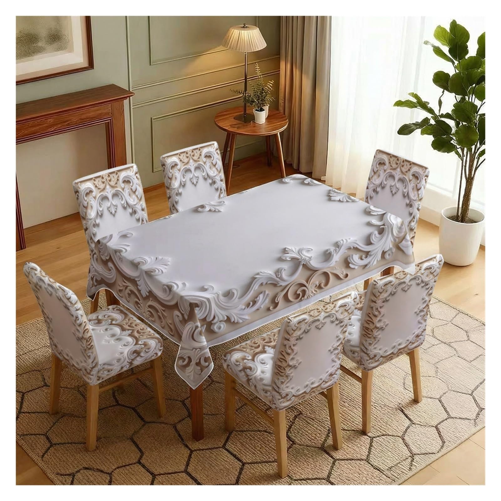 KXUAUV Cream & White Baroque Print Tablecloth & Chair Covers Set, Slipcovers For Dining Room, Kitchen, Luxury & Elegant Decor, 5/7 Pack Party Decor(7pcs Set: Tablecloth+Chair Covers)