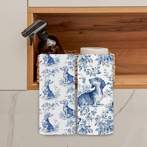Miniatura 3 de Chinoiserie - Juego de 2 toallas de cocina para perros, toallas de cocina retro con perro salchicha salchicha, toallas de cocina para perros azules