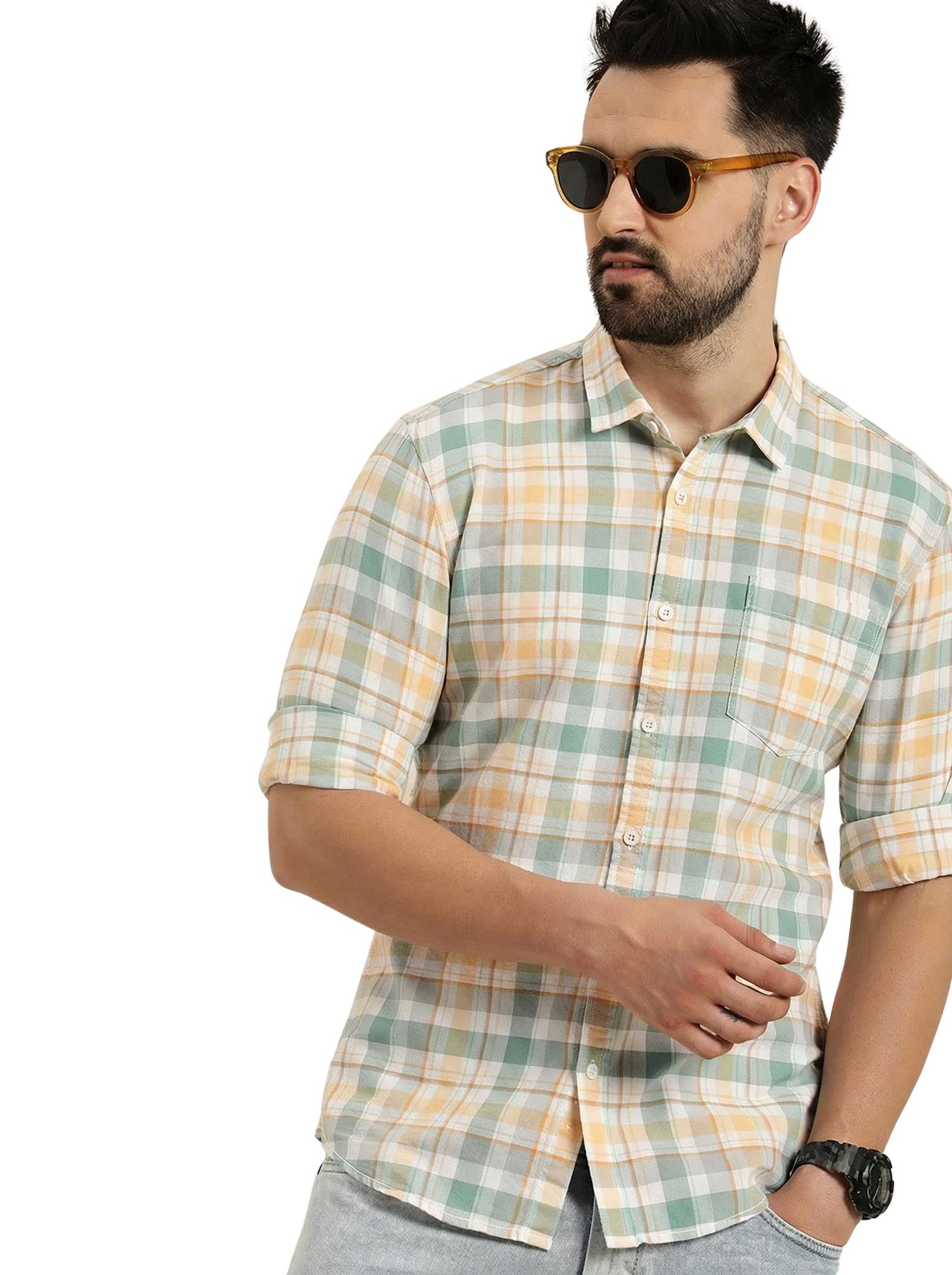 indoprimo Men's Checked Slim Fit Casual Shirt Premium Cotton Full Sleeve Plaid Shirt with Chest Pocket Stylish Summer & Office Wear-picture-38