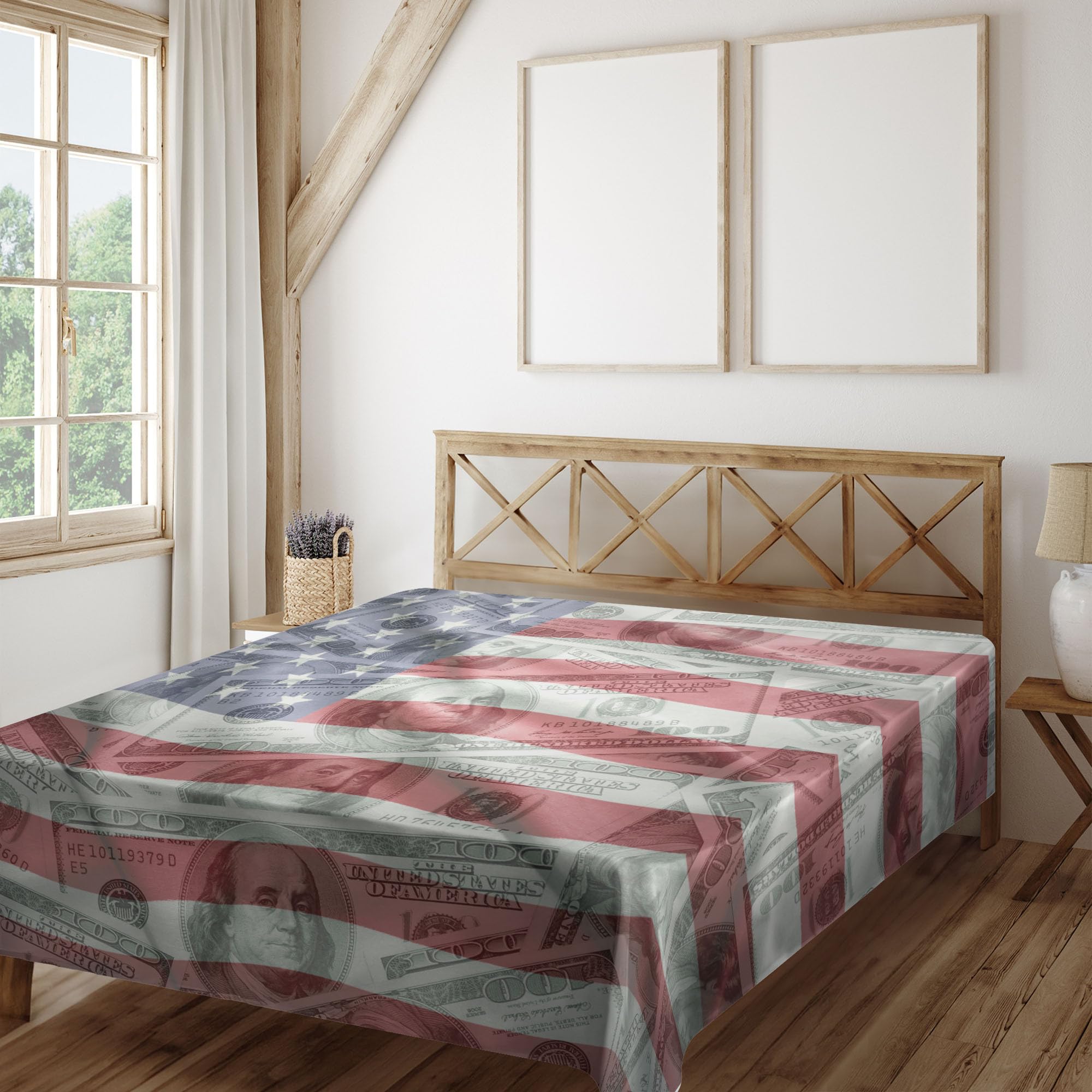 Ambesonne American Flag Flat Sheet, American Dollar on Flag Money Currency Exchange Value Global Finance, Soft Comfortable Top Sheet Decorative Bedding 1 Piece, California King, Multicolor