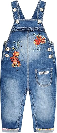 Kidscool Space Baby Girls Easy Diaper Changing Snap Legs Embroidered Cute Denim Overalls